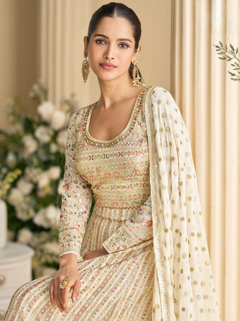 Cream Heavy Embroidered Georgette Anarkali Gown with Dupatta