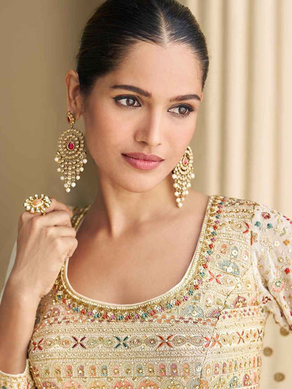 Cream Heavy Embroidered Georgette Anarkali Gown with Dupatta