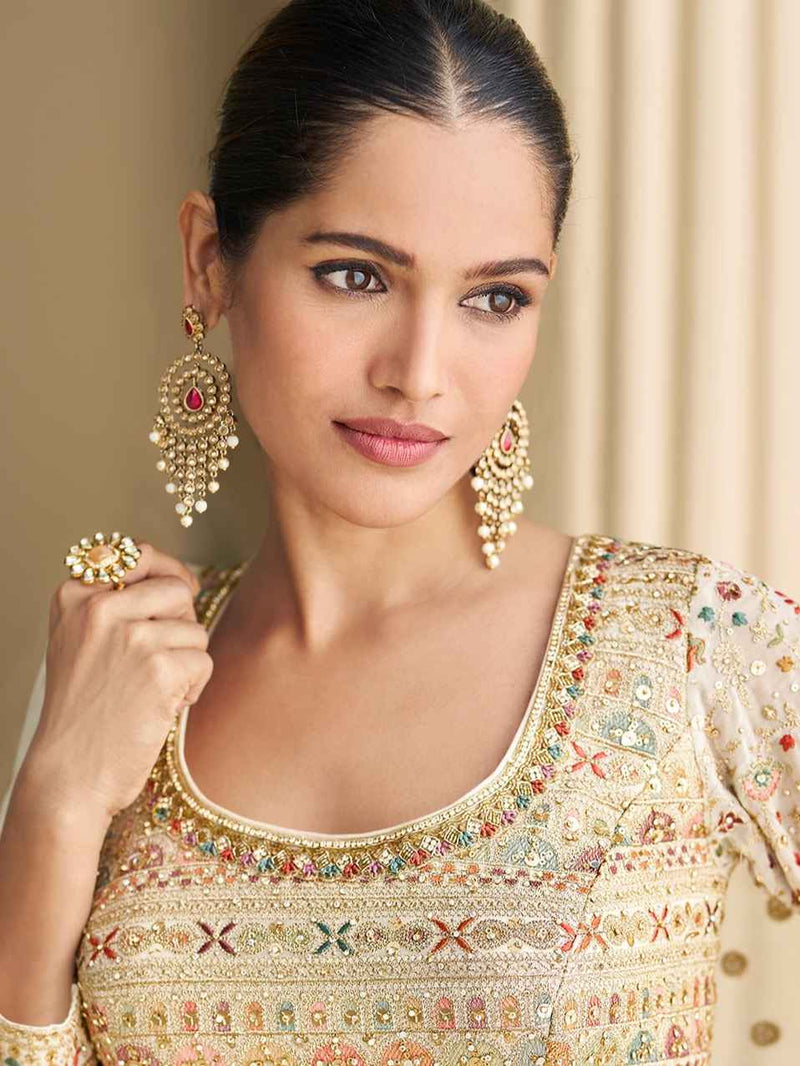 Cream Heavy Embroidered Georgette Anarkali Gown with Dupatta