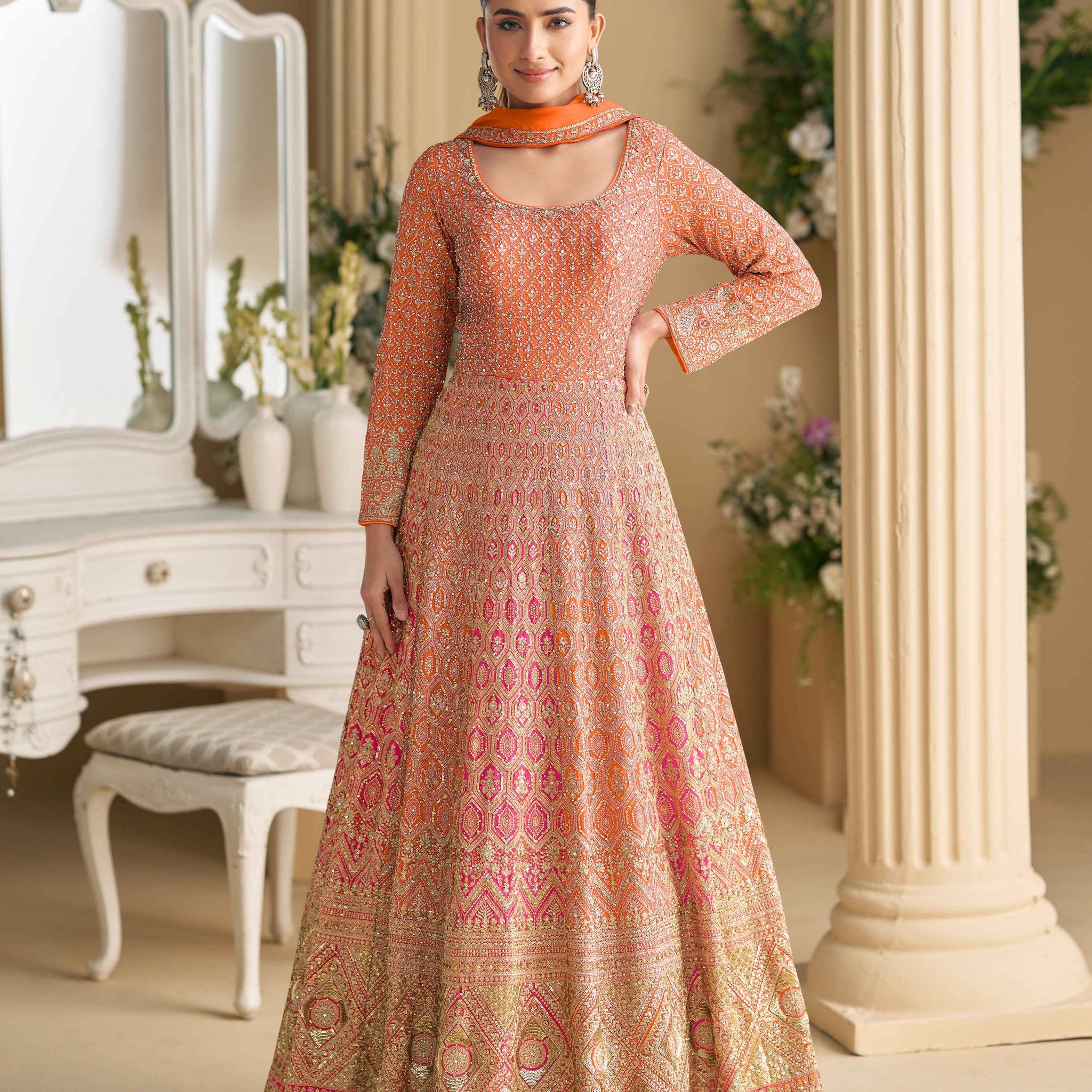 Orange-Pink Heavy Embroidered Georgette Anarkali Gown