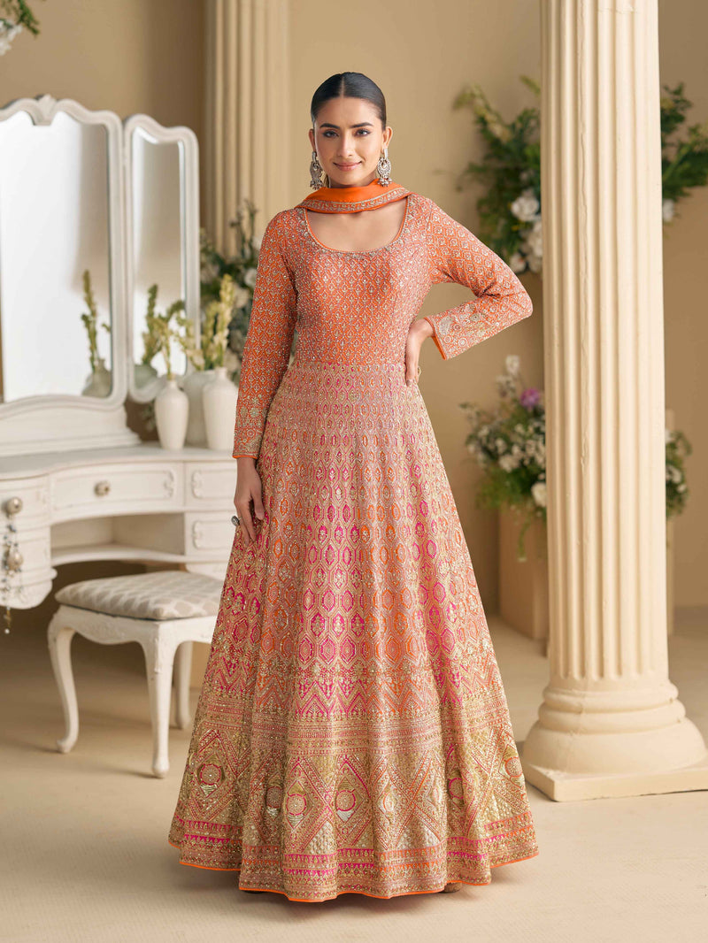 Orange-Pink Heavy Embroidered Georgette Anarkali Gown