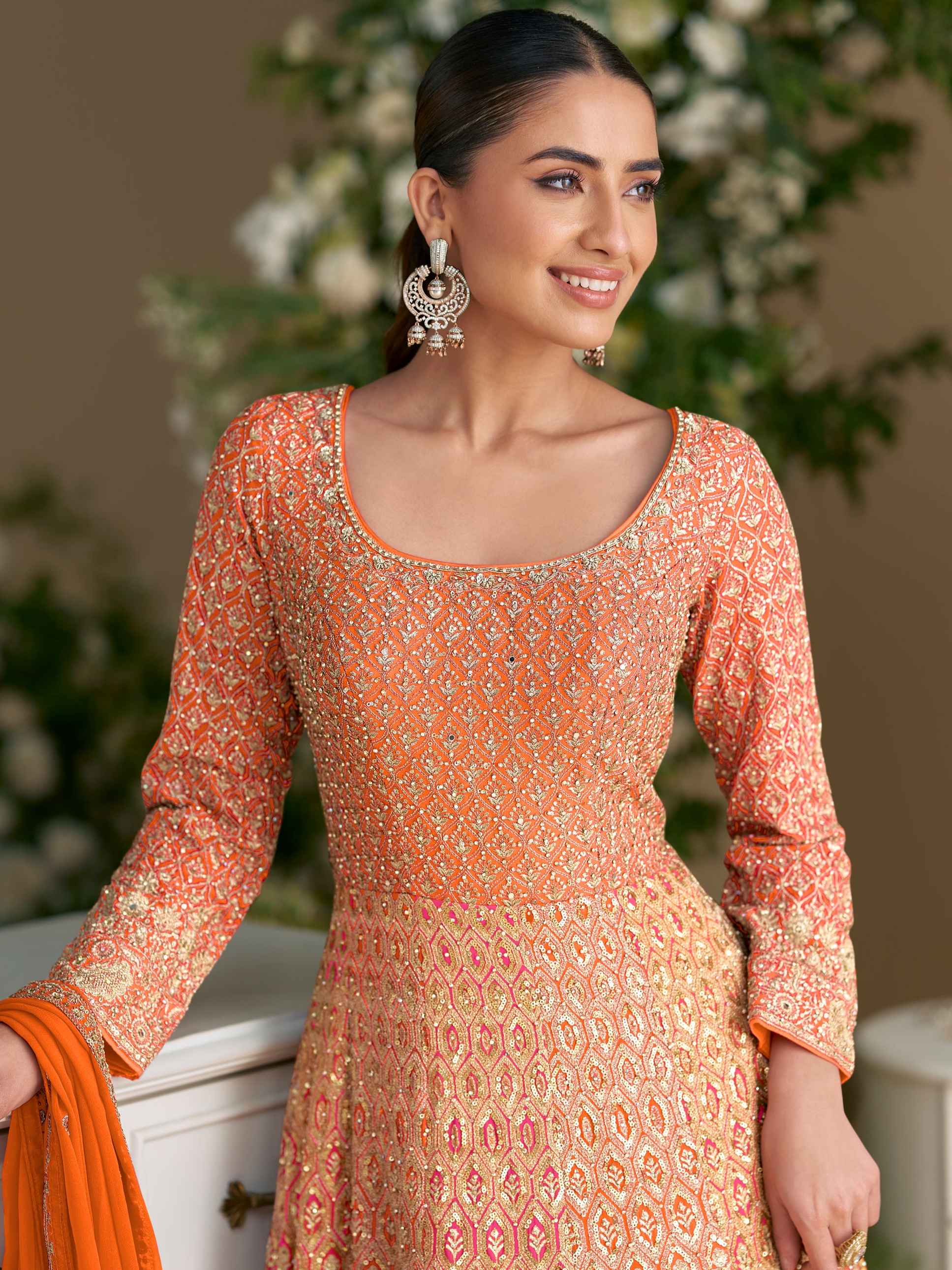 Orange-Pink Heavy Embroidered Georgette Anarkali Gown