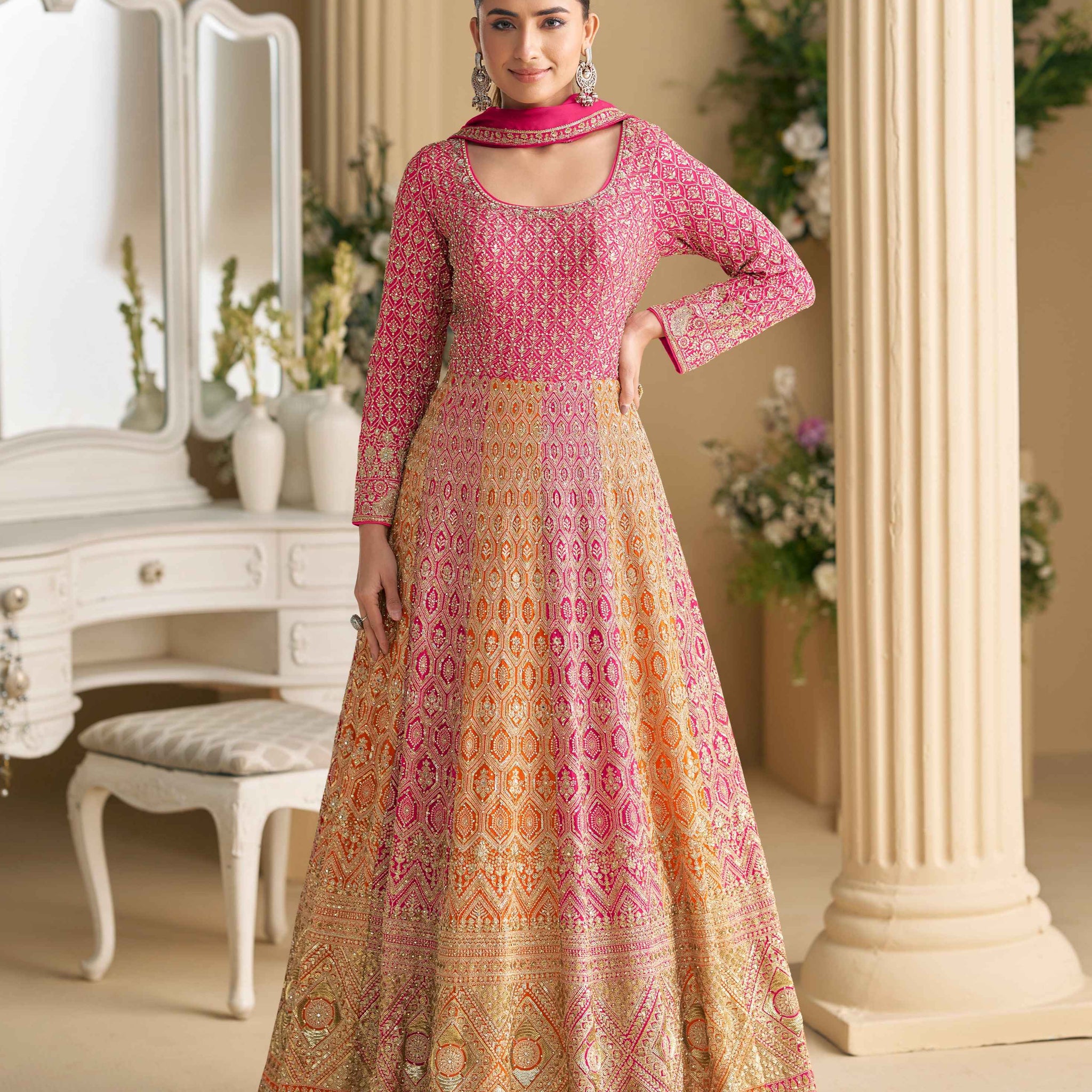 Pink-Yellow Ombre Georgette Heavy Embroidered Anarkali Gown