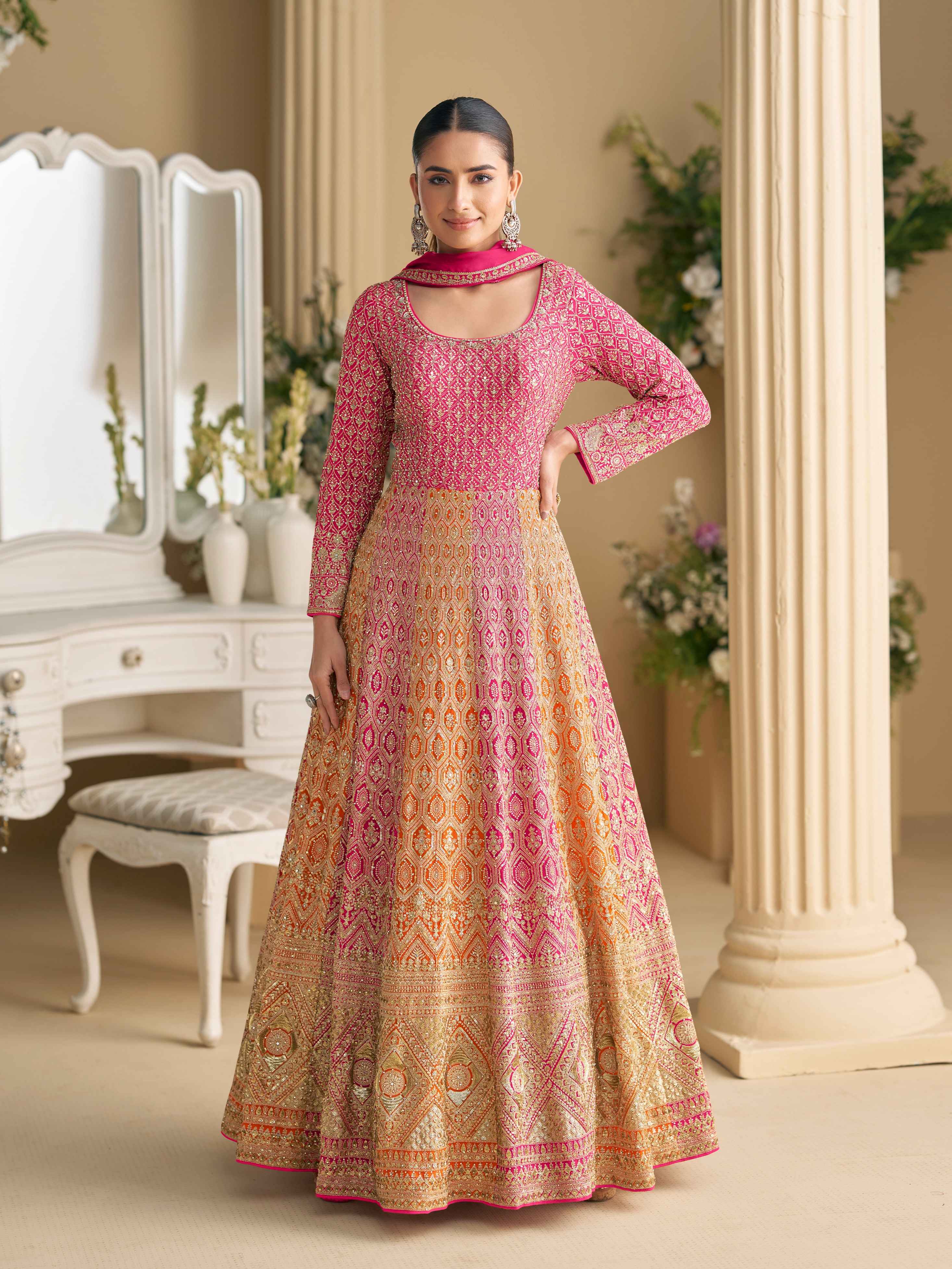 Pink-Yellow Ombre Georgette Heavy Embroidered Anarkali Gown