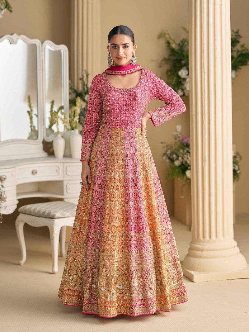 Pink-Yellow Ombre Georgette Heavy Embroidered Anarkali Gown