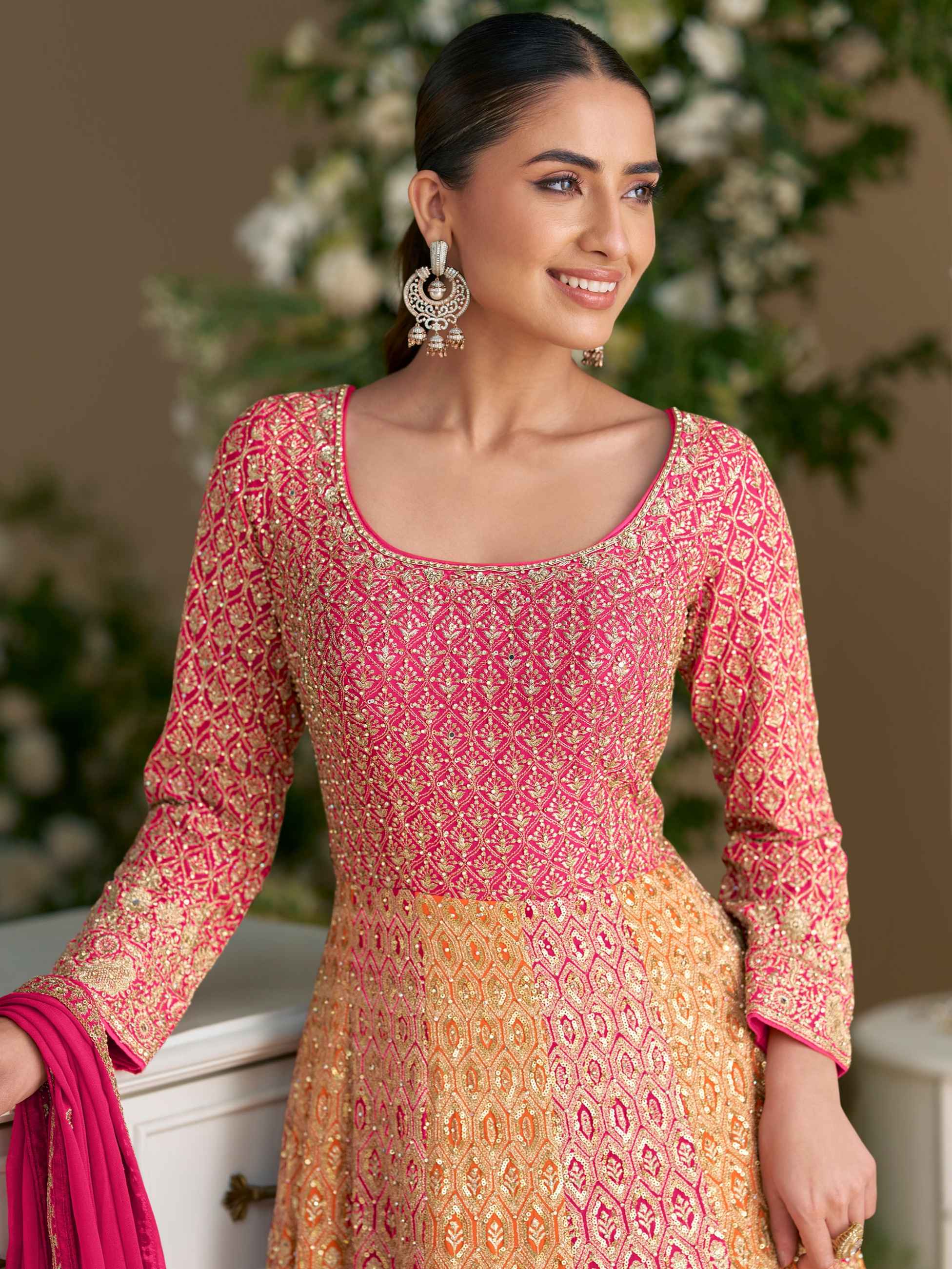 Pink-Yellow Ombre Georgette Heavy Embroidered Anarkali Gown