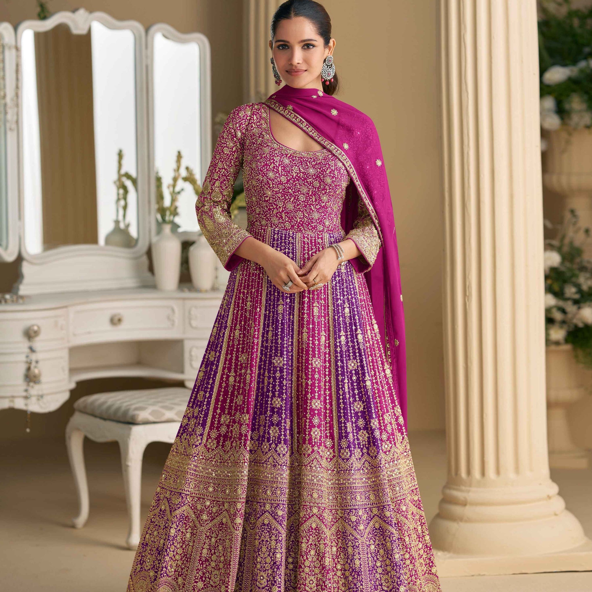 Magenta-Purple Heavy Work Georgette Anarkali Gown