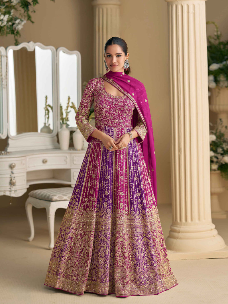 Magenta-Purple Heavy Work Georgette Anarkali Gown