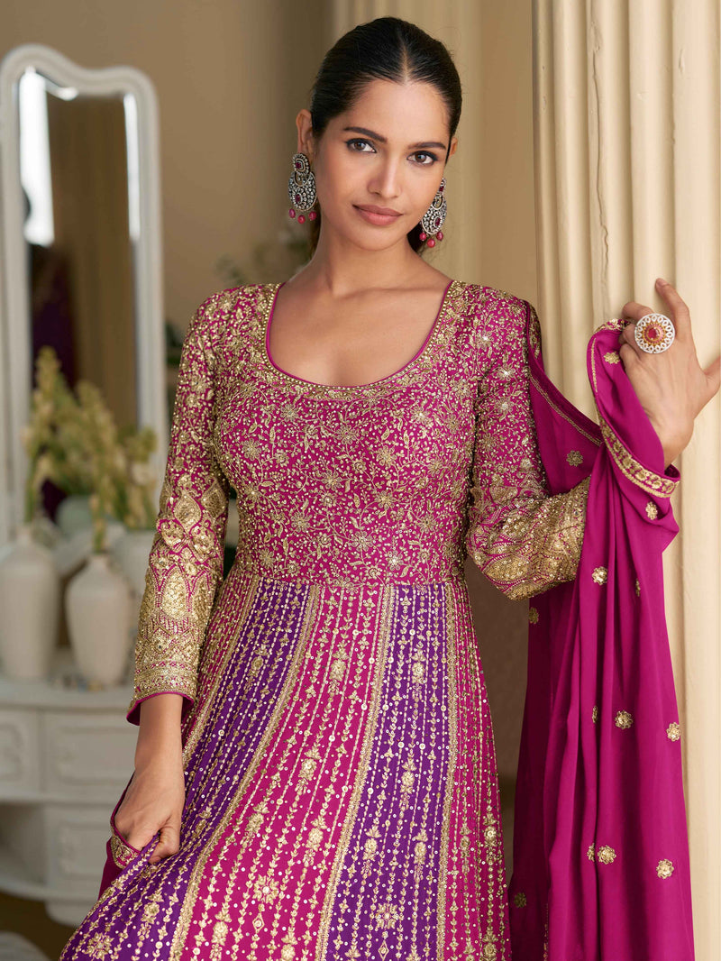 Magenta-Purple Heavy Work Georgette Anarkali Gown