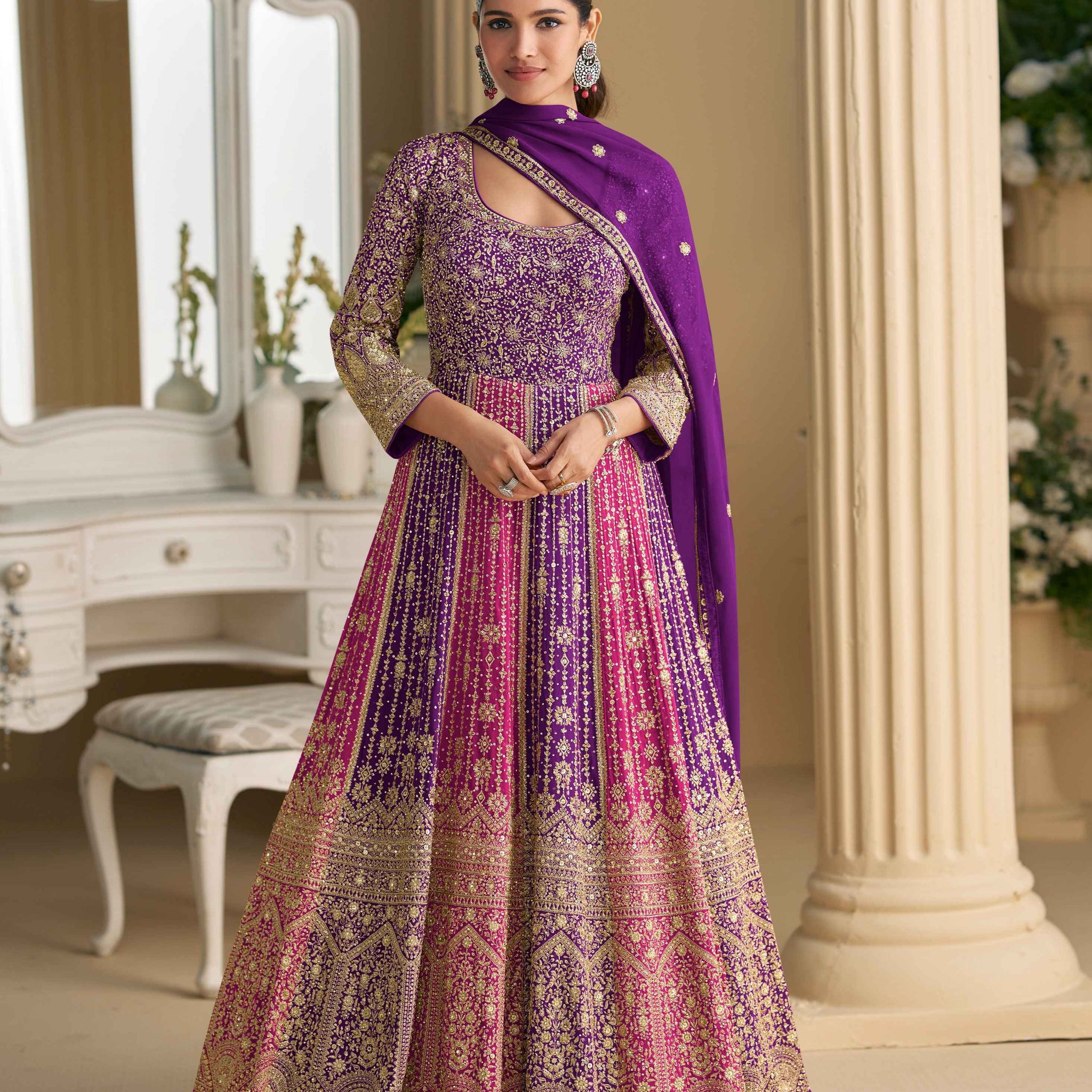 Purple Heavy Embroidered Georgette Anarkali Gown with Zarkan Work