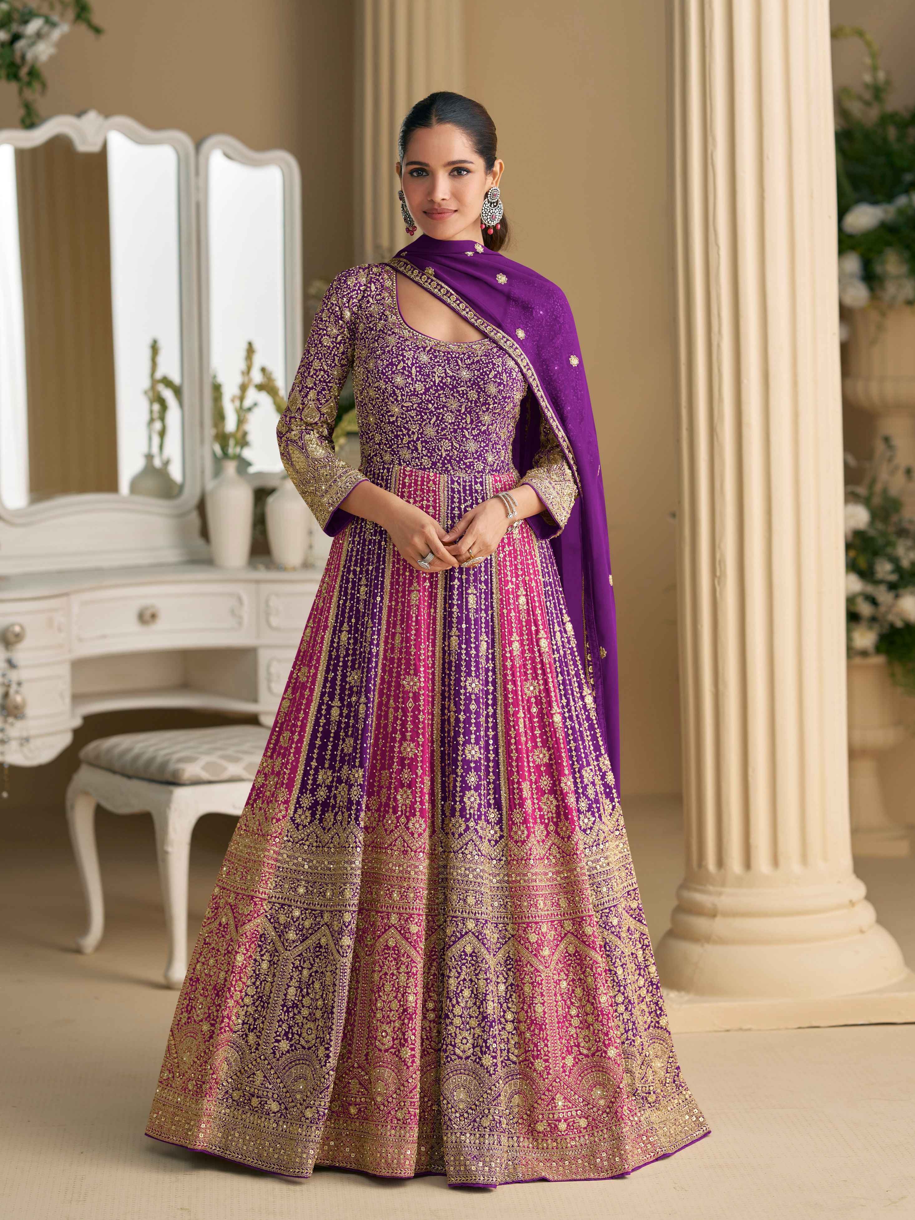 Purple Heavy Embroidered Georgette Anarkali Gown with Zarkan Work