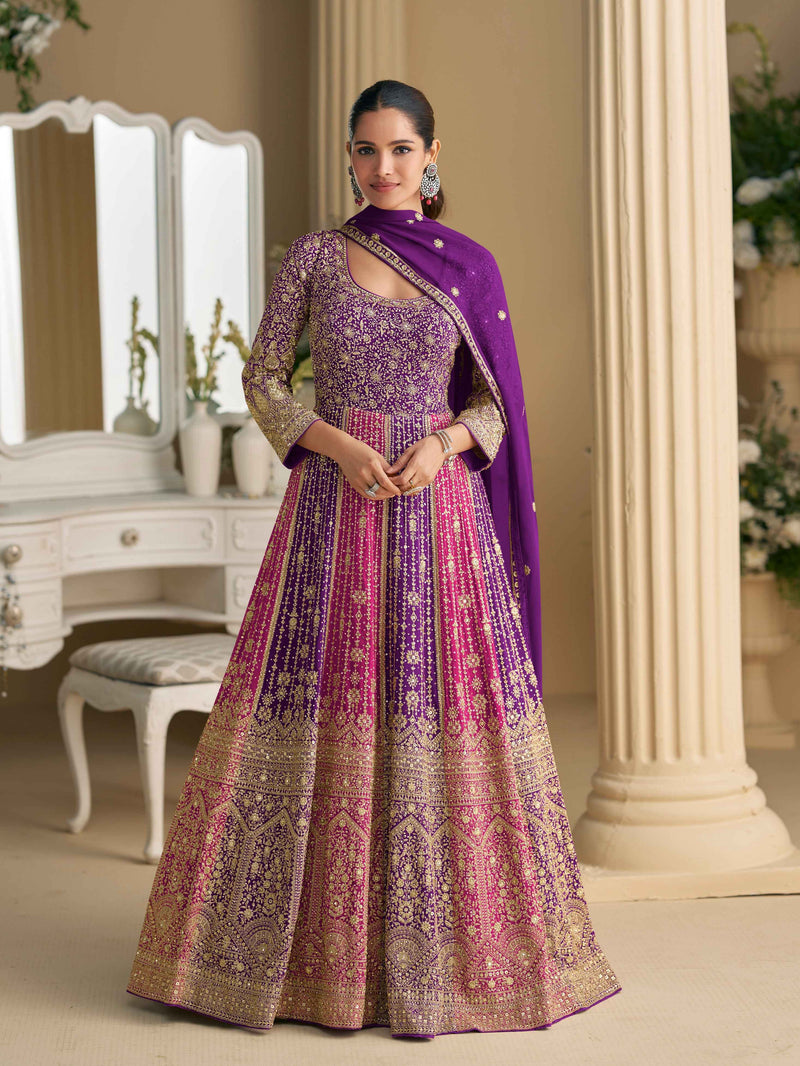 Purple Heavy Embroidered Georgette Anarkali Gown with Zarkan Work