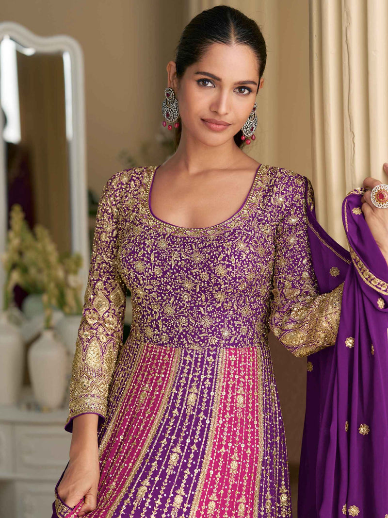 Purple Heavy Embroidered Georgette Anarkali Gown with Zarkan Work