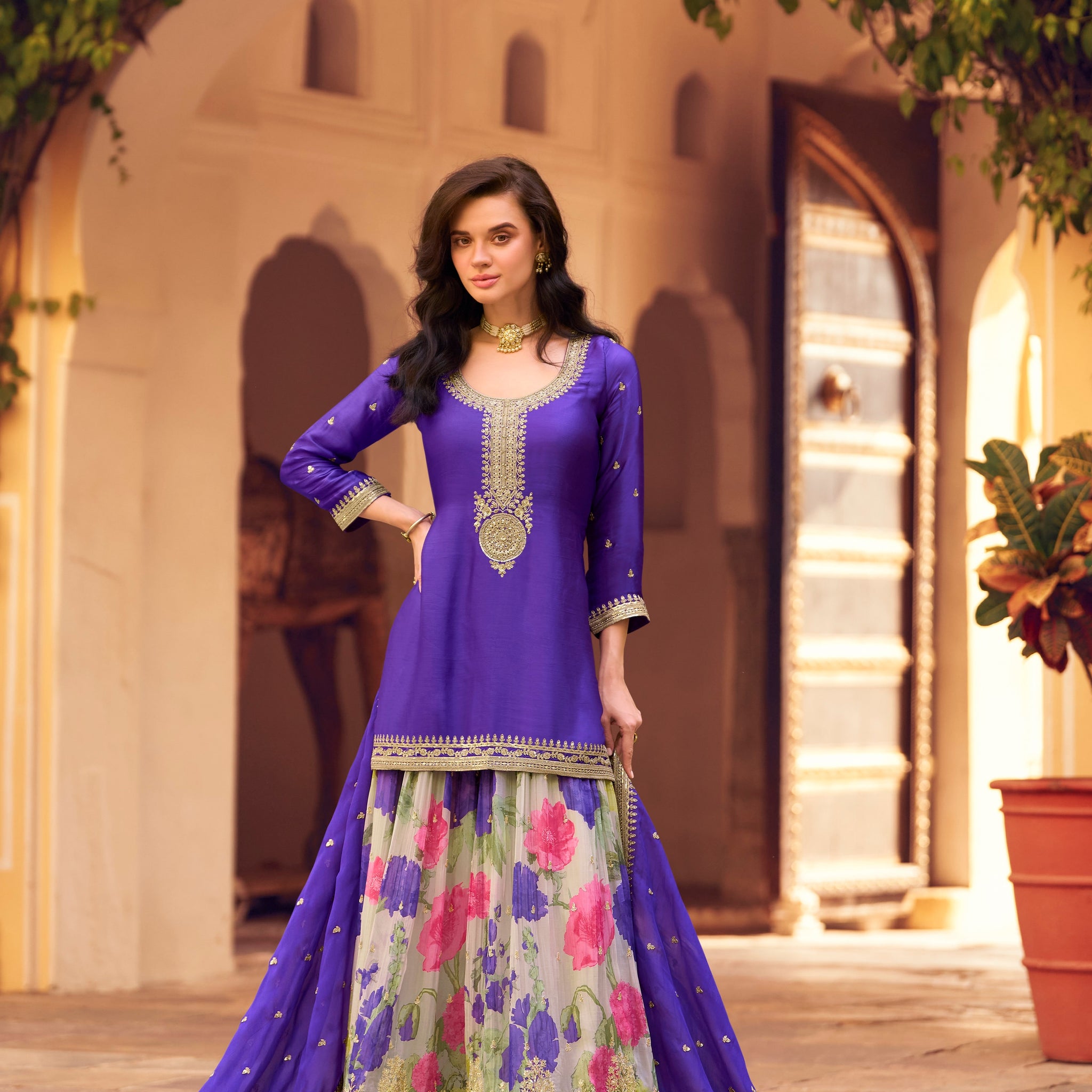 Royal Blue Embroidered Chinon Silk Sharara Set with Dupatta