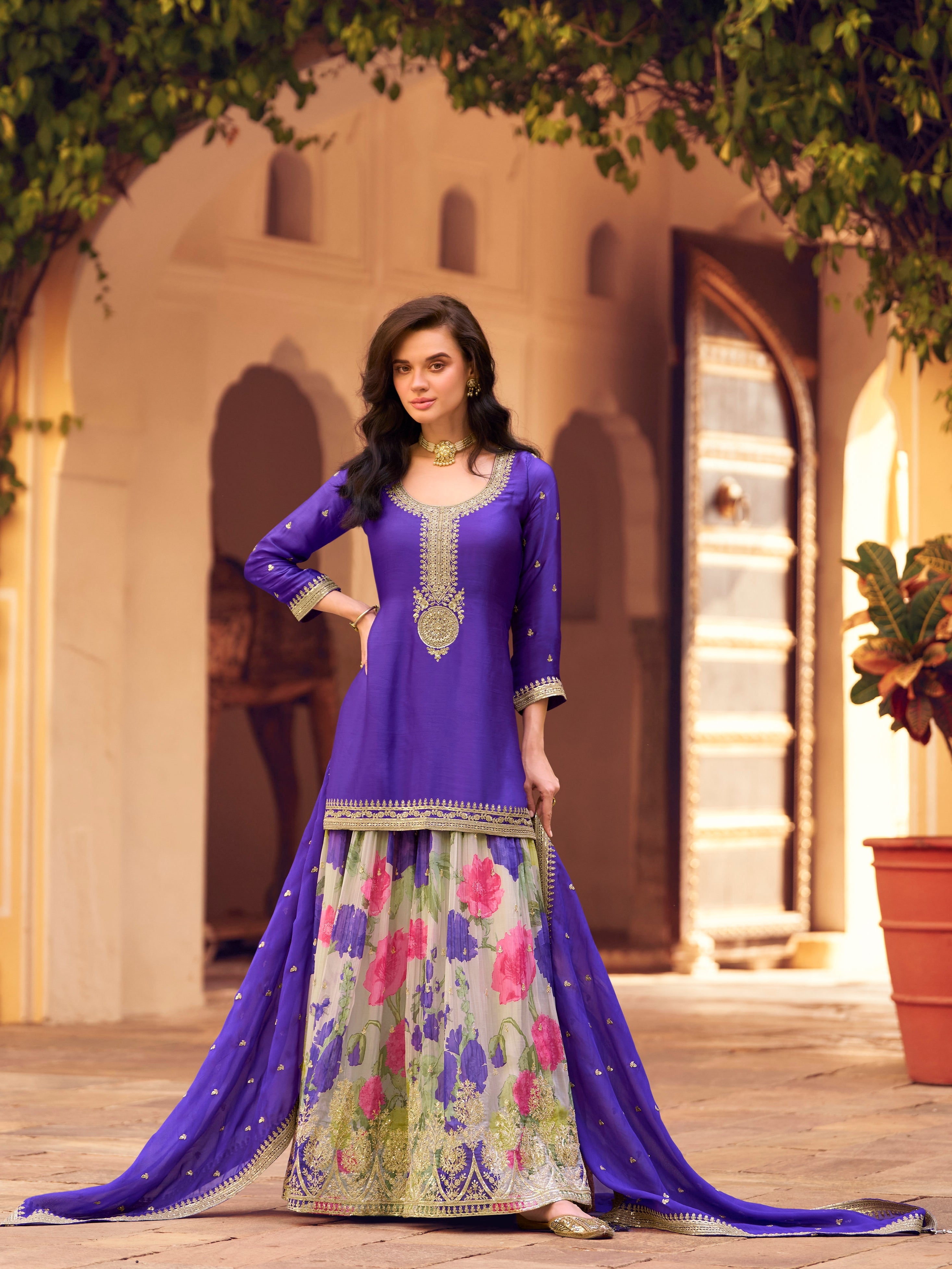 Royal Blue Embroidered Chinon Silk Sharara Set with Dupatta