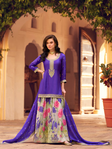 Royal Blue Embroidered Chinon Silk Sharara Set with Dupatta