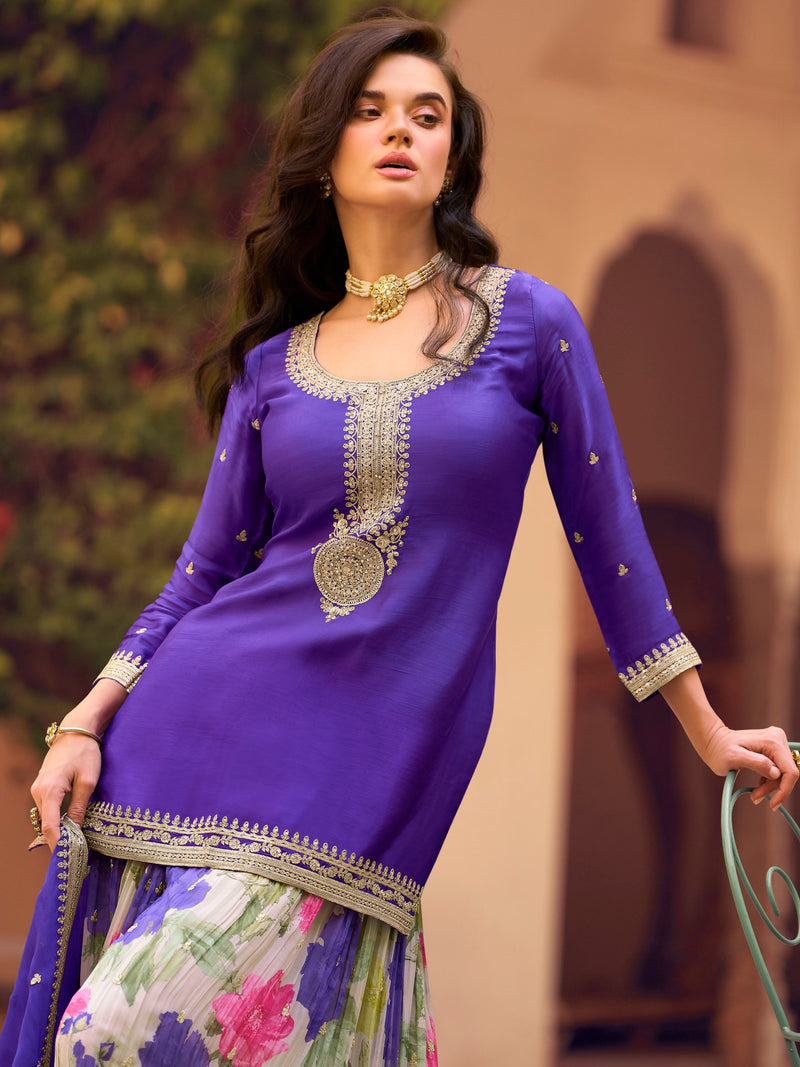 Royal Blue Embroidered Chinon Silk Sharara Set with Dupatta