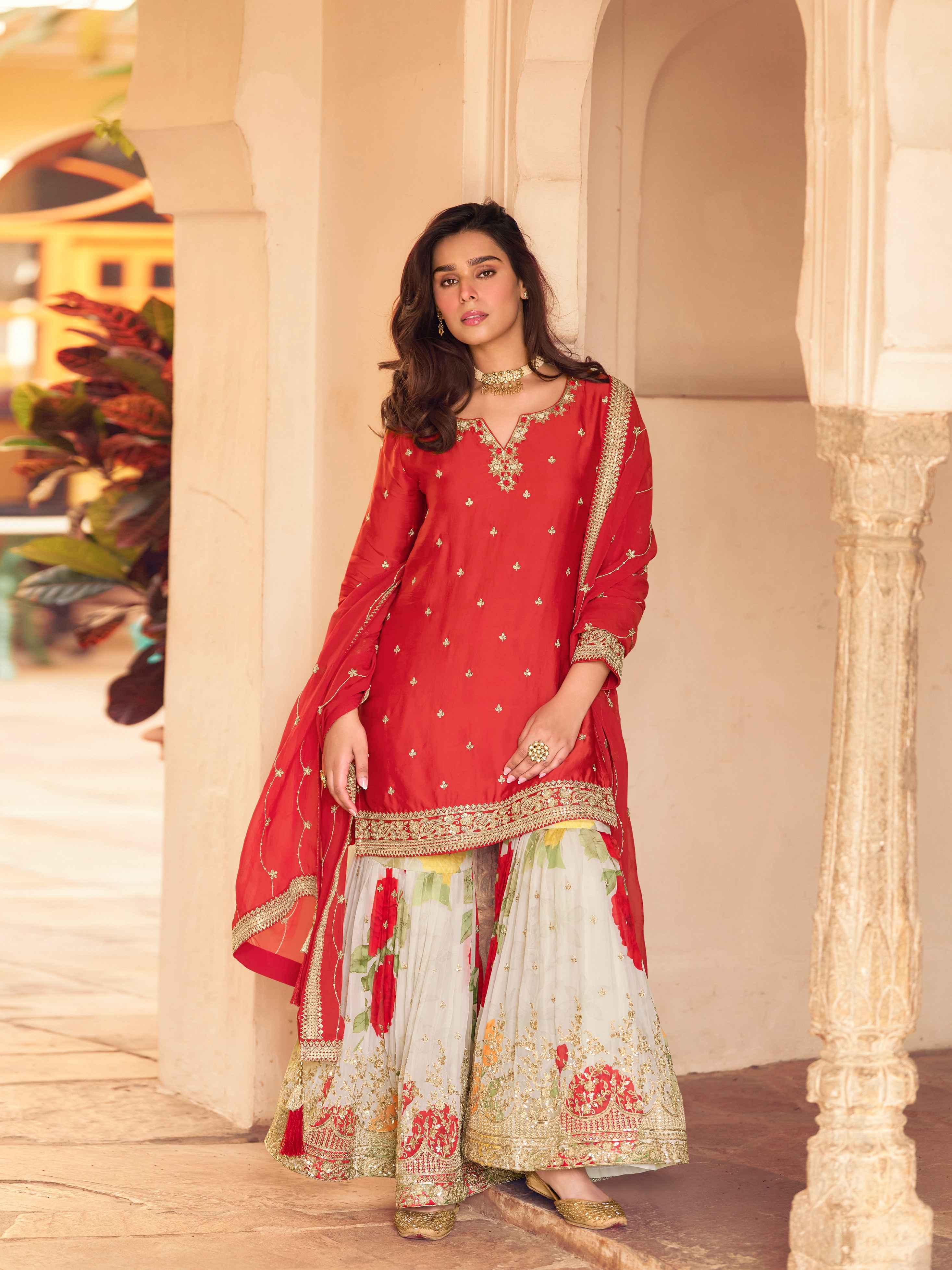 Red Embroidered Chinon Silk Sharara Set with Dupatta