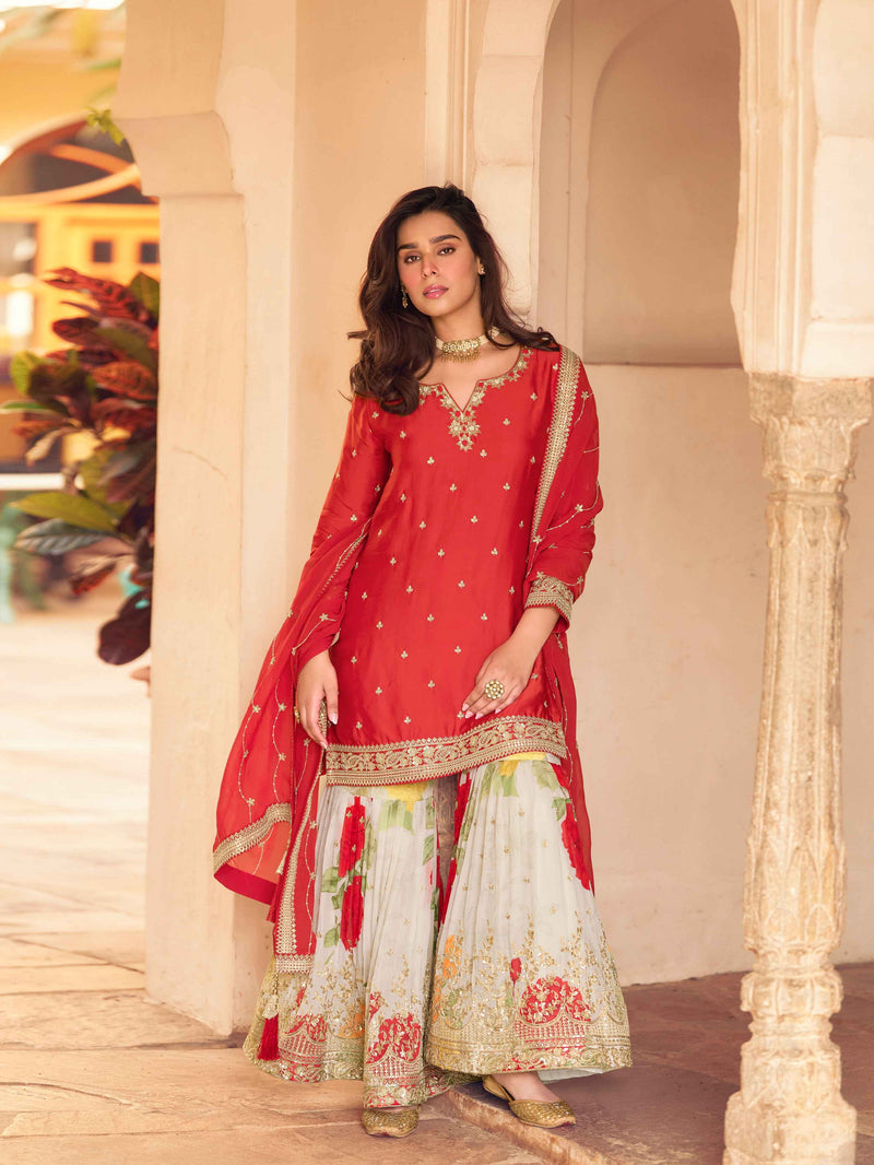 Red Embroidered Chinon Silk Sharara Set with Dupatta