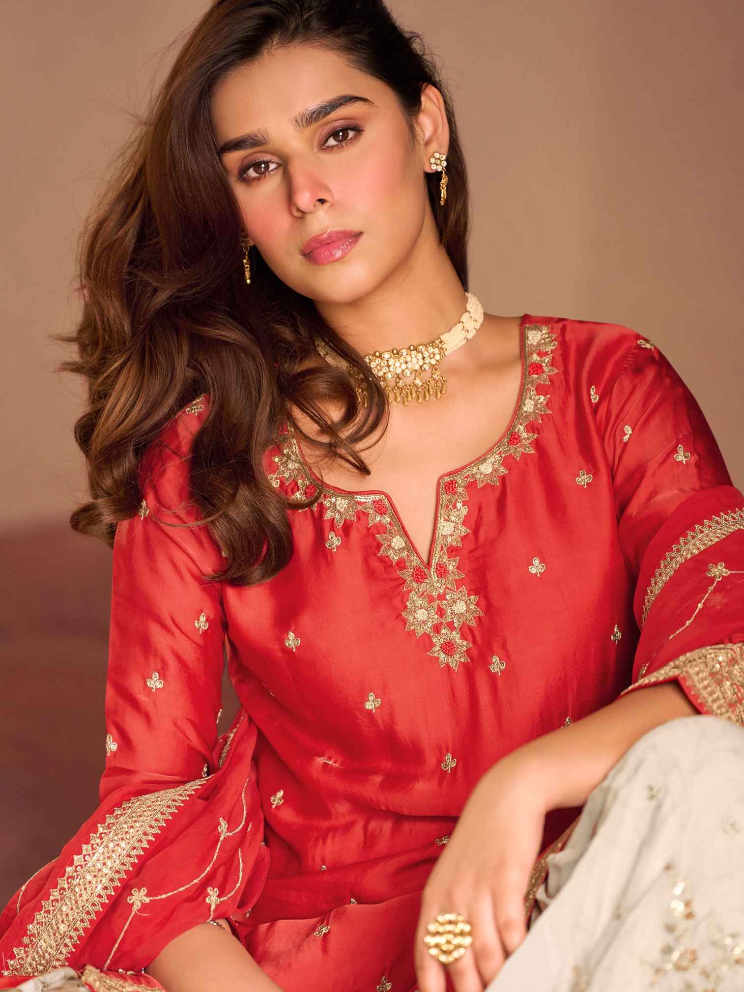 Red Embroidered Chinon Silk Sharara Set with Dupatta