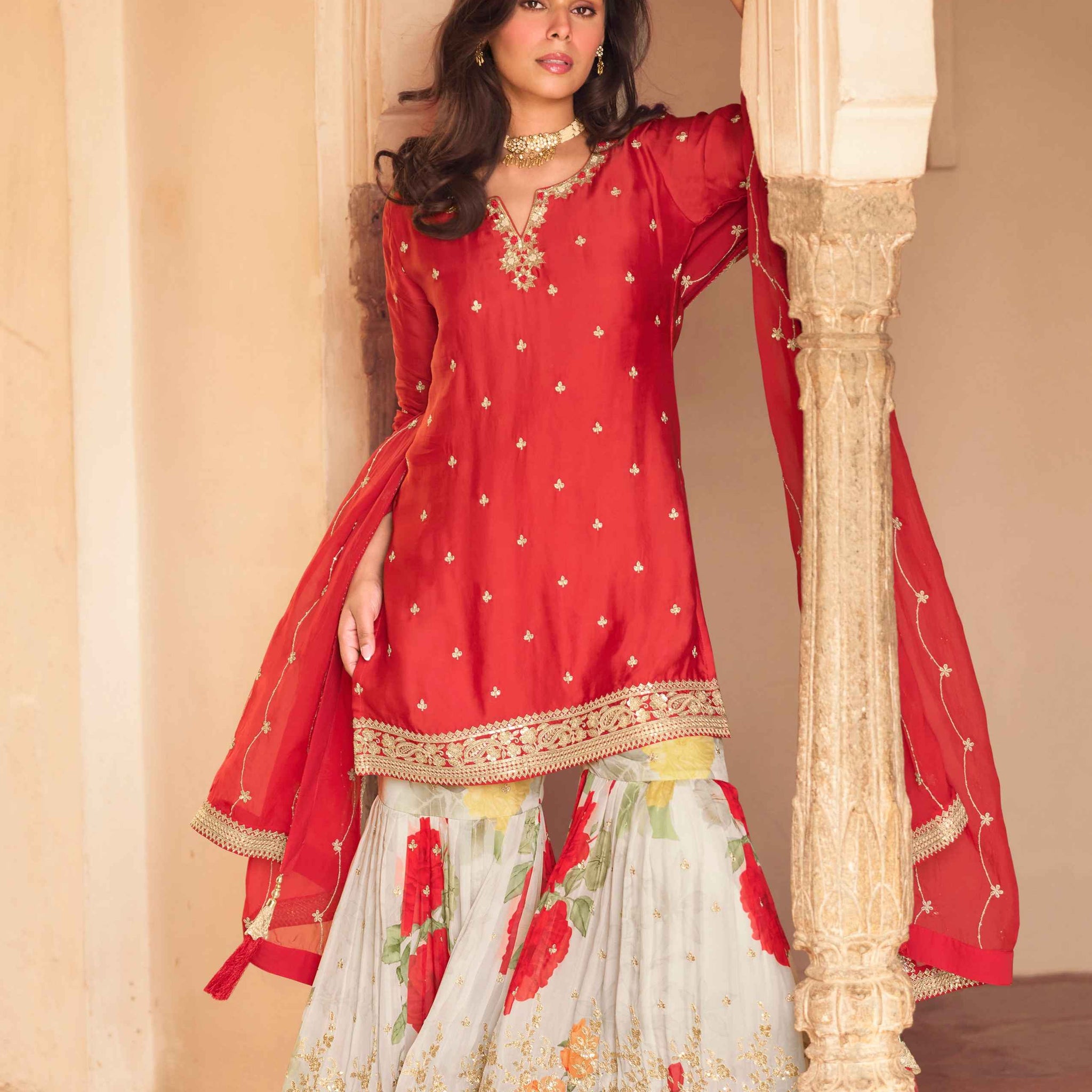 Red Embroidered Chinon Silk Sharara Set with Dupatta