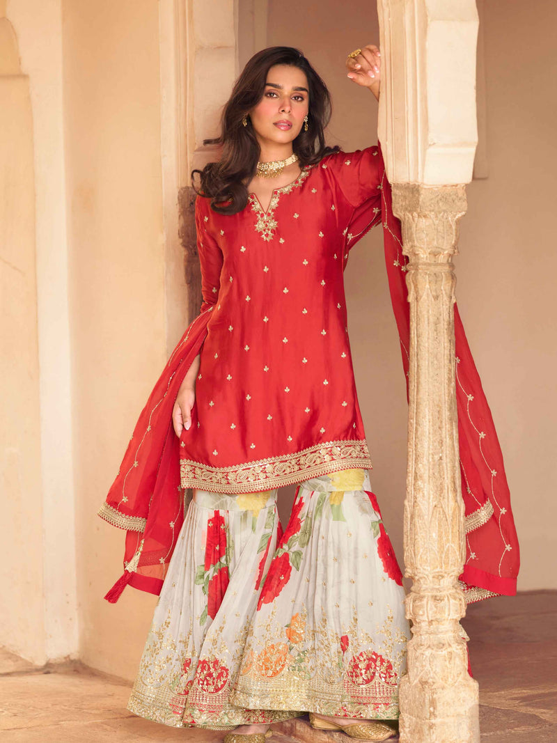 Red Embroidered Chinon Silk Sharara Set with Dupatta