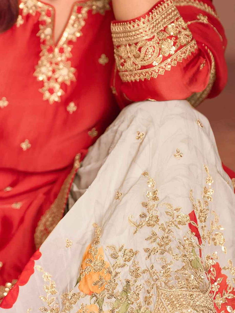 Red Embroidered Chinon Silk Sharara Set with Dupatta