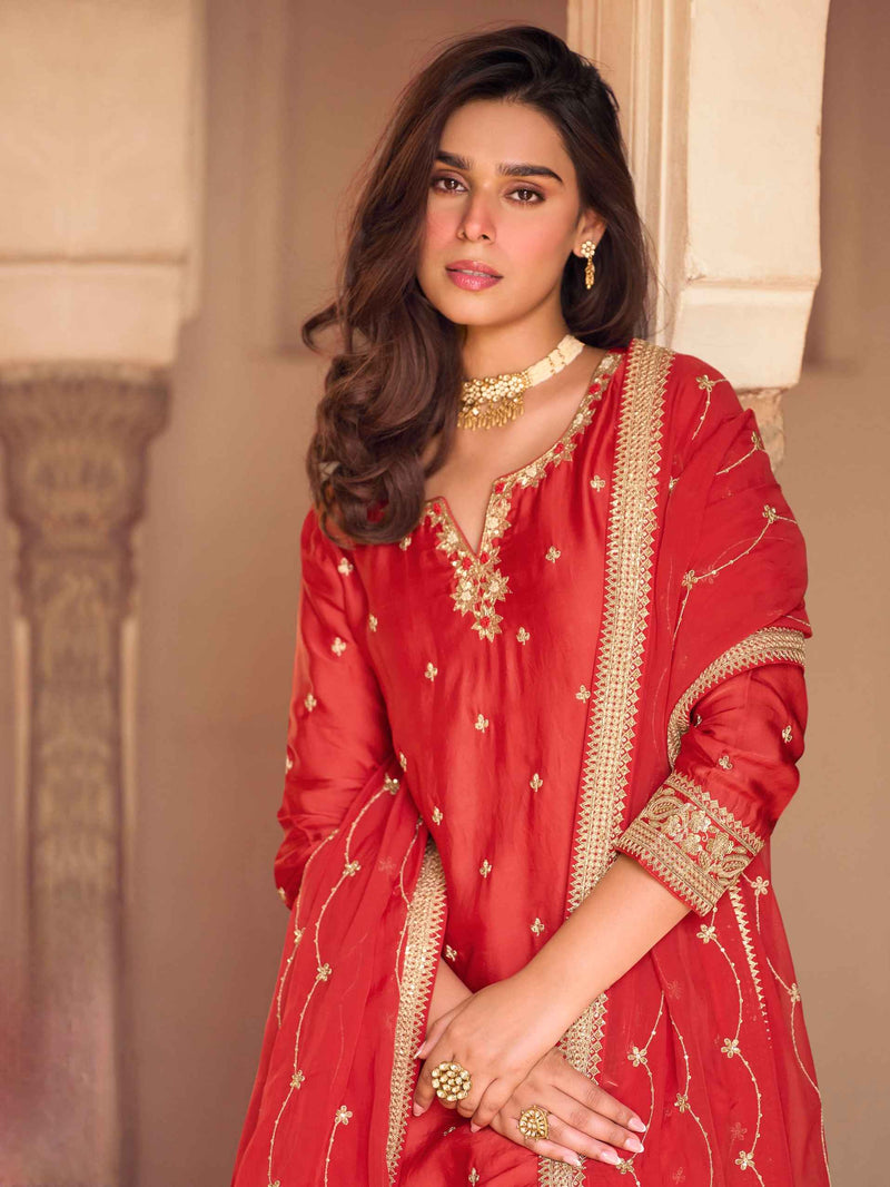 Red Embroidered Chinon Silk Sharara Set with Dupatta