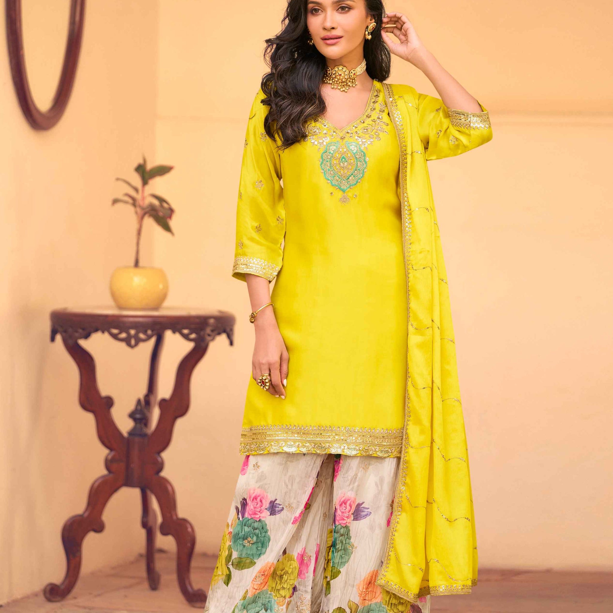 Yellow Chinon Silk Embroidered Sharara Set with Dupatta