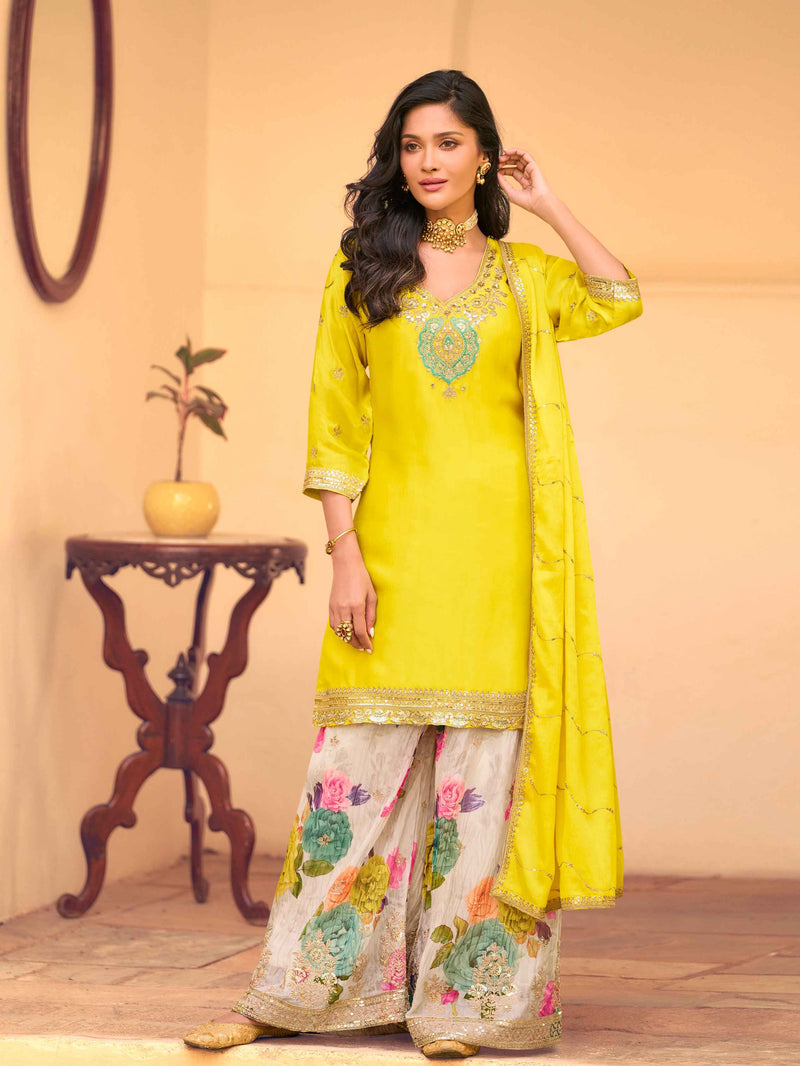 Yellow Chinon Silk Embroidered Sharara Set with Dupatta