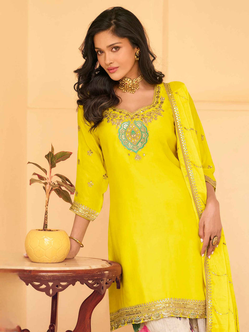 Yellow Chinon Silk Embroidered Sharara Set with Dupatta