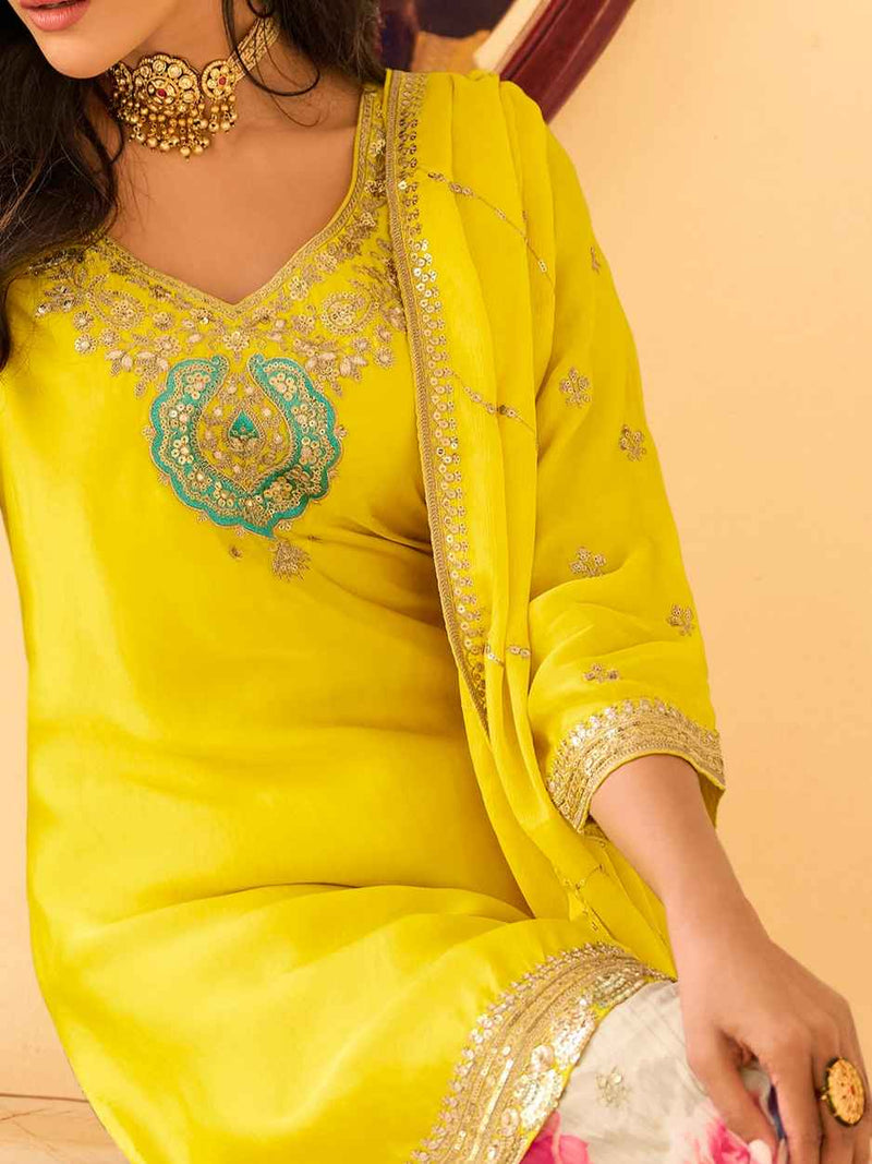 Yellow Chinon Silk Embroidered Sharara Set with Dupatta
