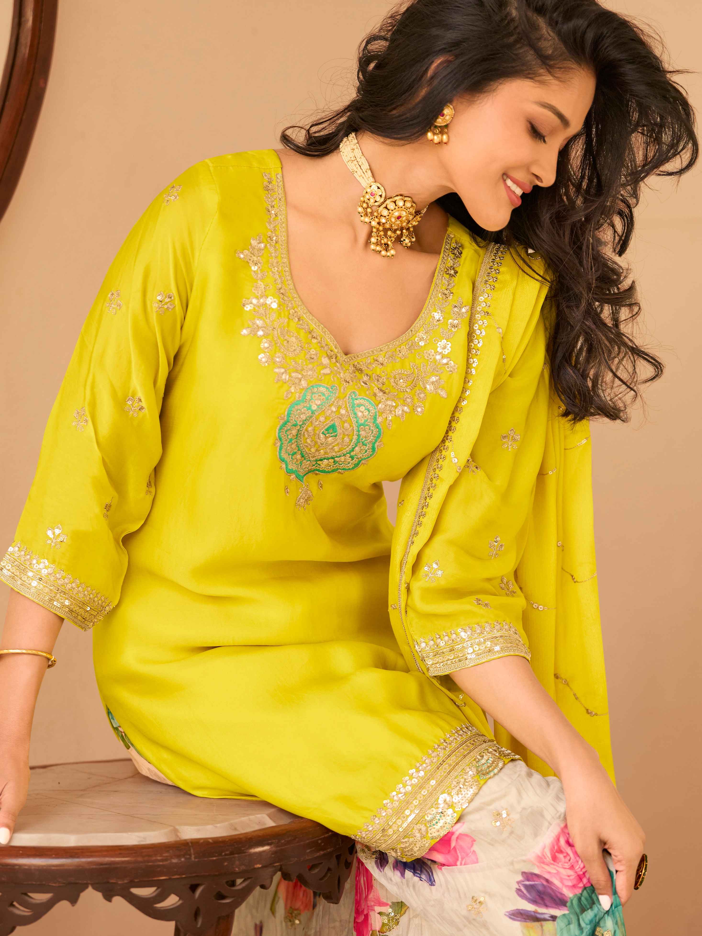 Yellow Chinon Silk Embroidered Sharara Set with Dupatta
