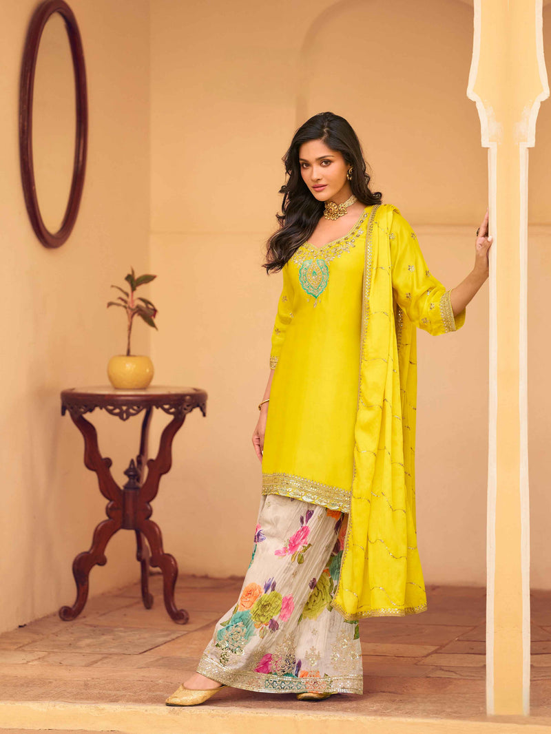 Yellow Chinon Silk Embroidered Sharara Set with Dupatta