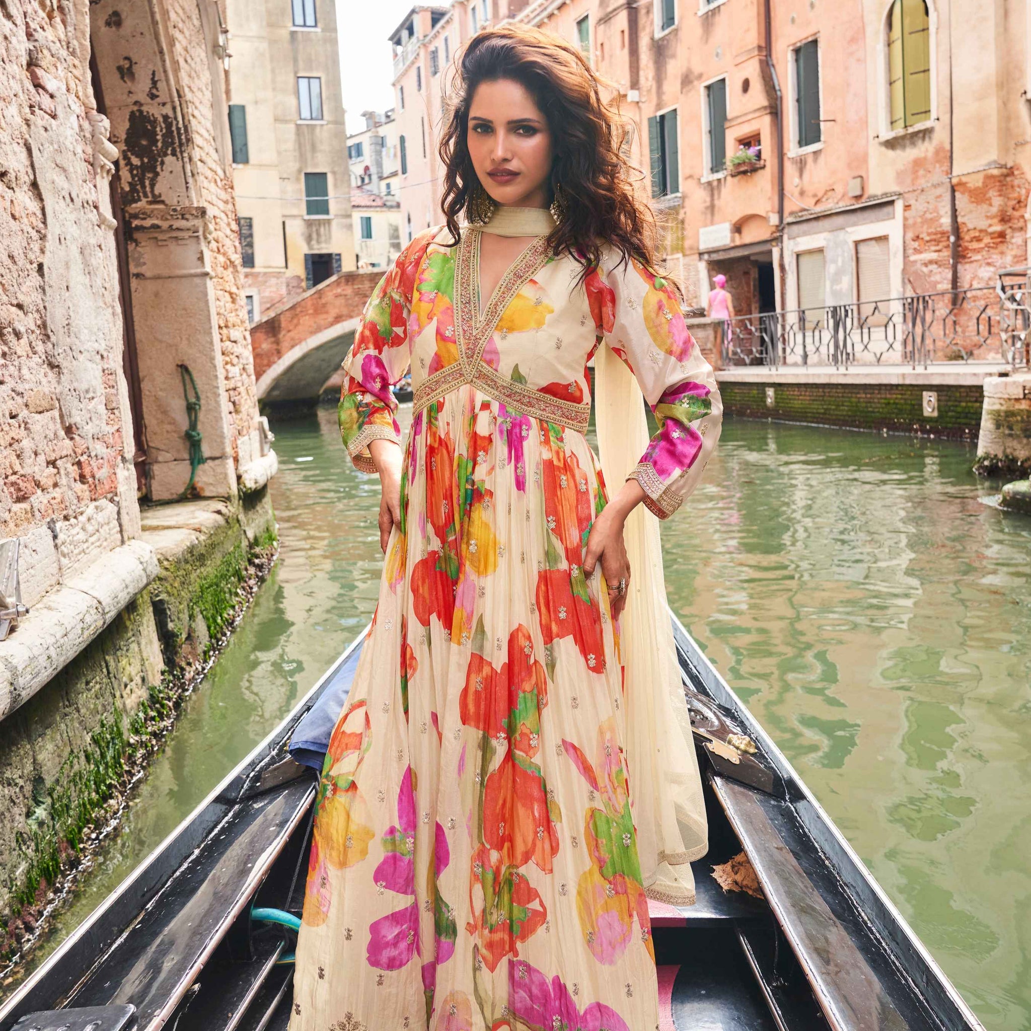 Ivory Floral Chinon Silk Anarkali Gown with Dupatta