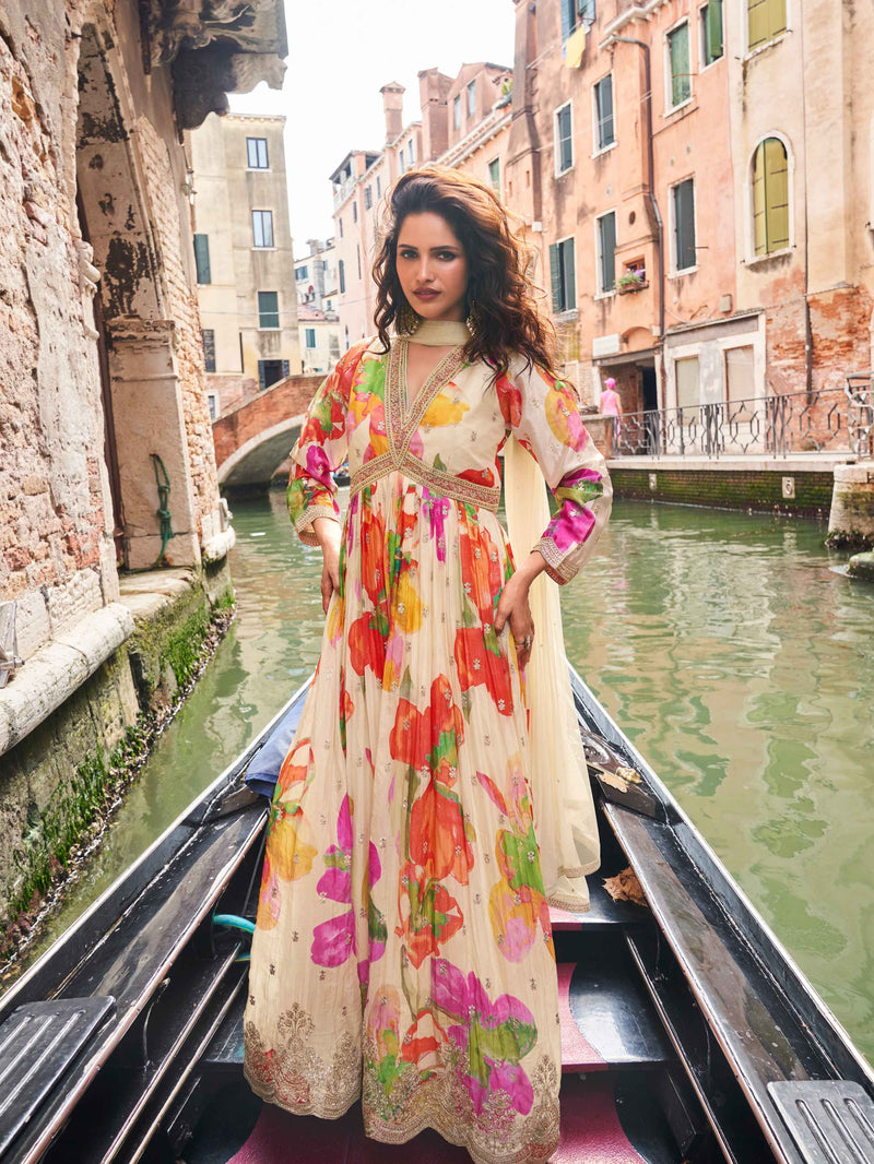 Ivory Floral Chinon Silk Anarkali Gown with Dupatta
