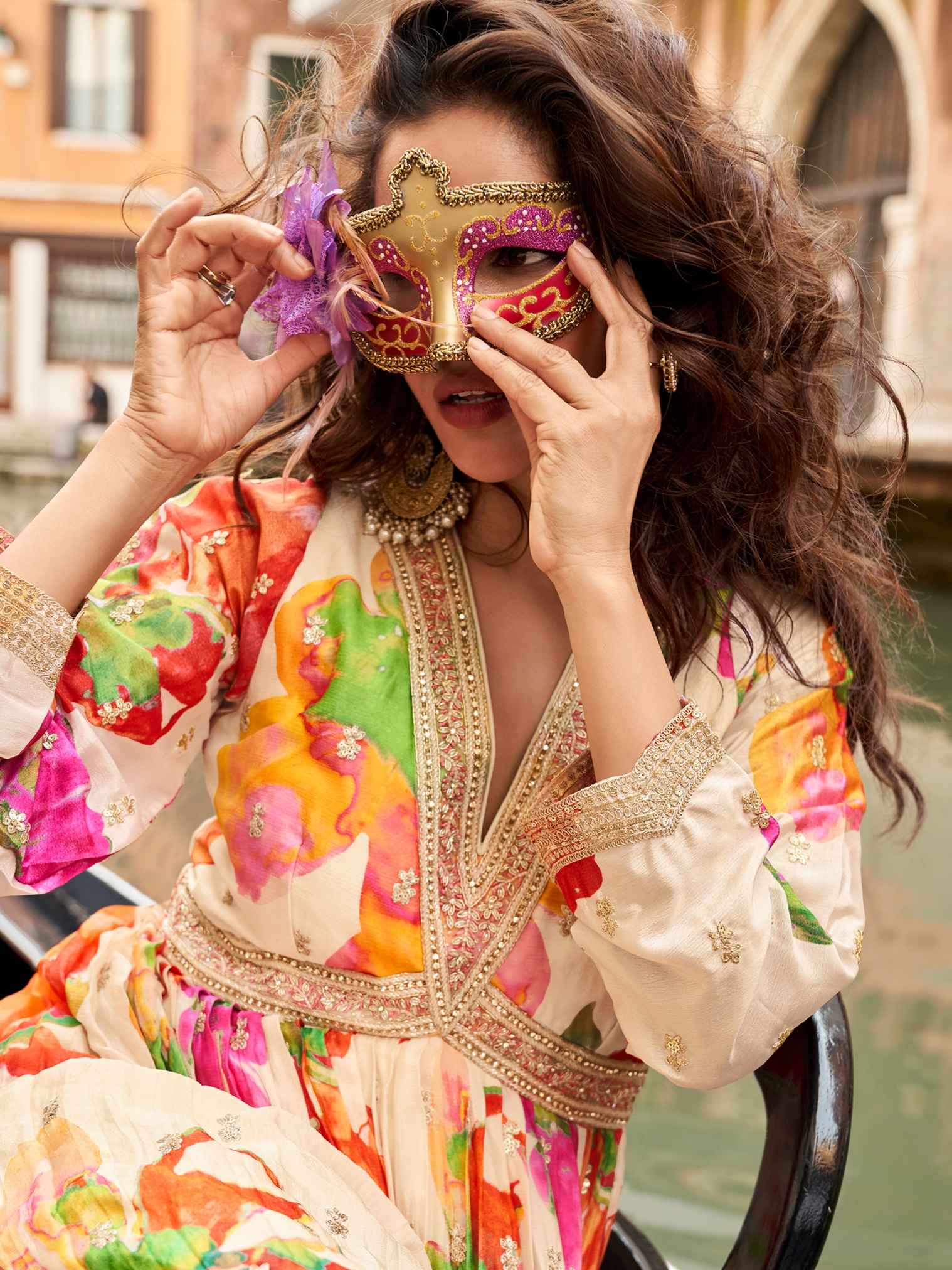 Ivory Floral Chinon Silk Anarkali Gown with Dupatta