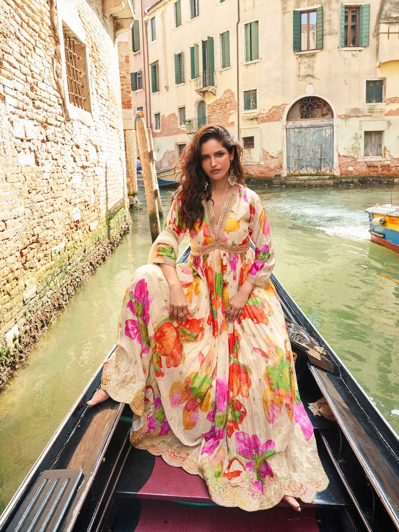 Ivory Floral Chinon Silk Anarkali Gown with Dupatta