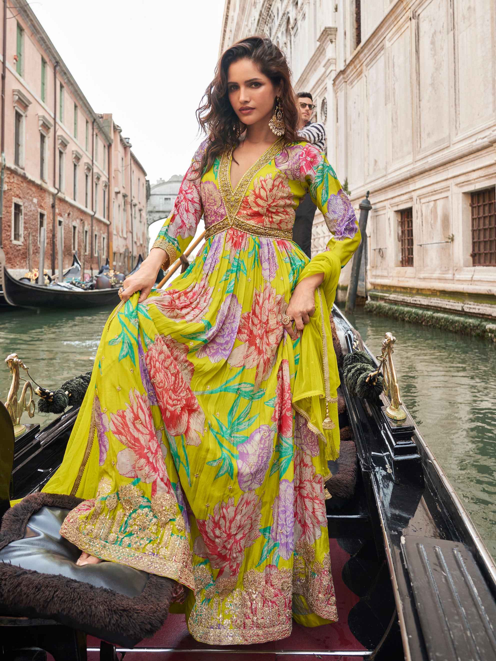 Lime Yellow Floral Embroidered Chinon Silk Anarkali Gown