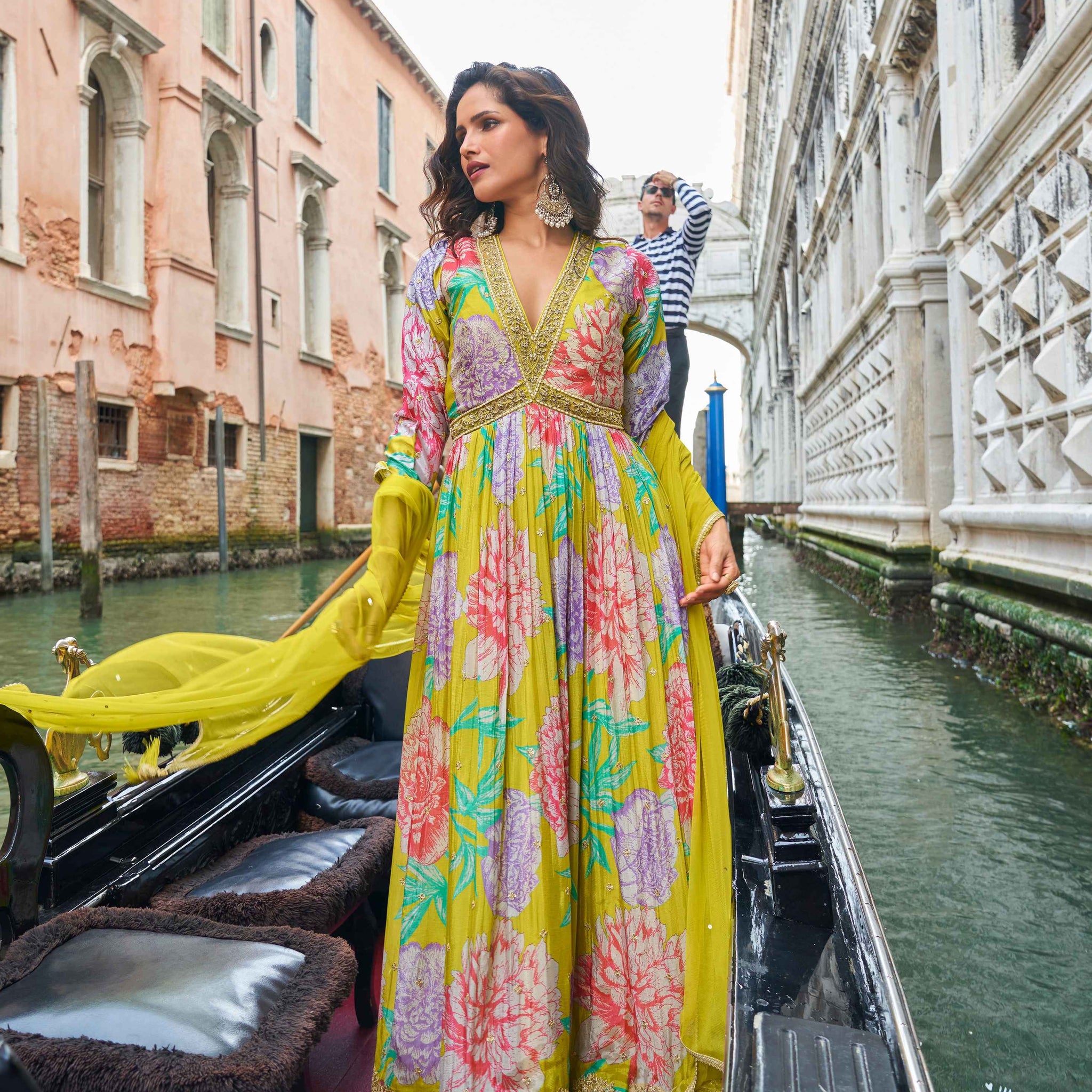 Lime Yellow Floral Embroidered Chinon Silk Anarkali Gown