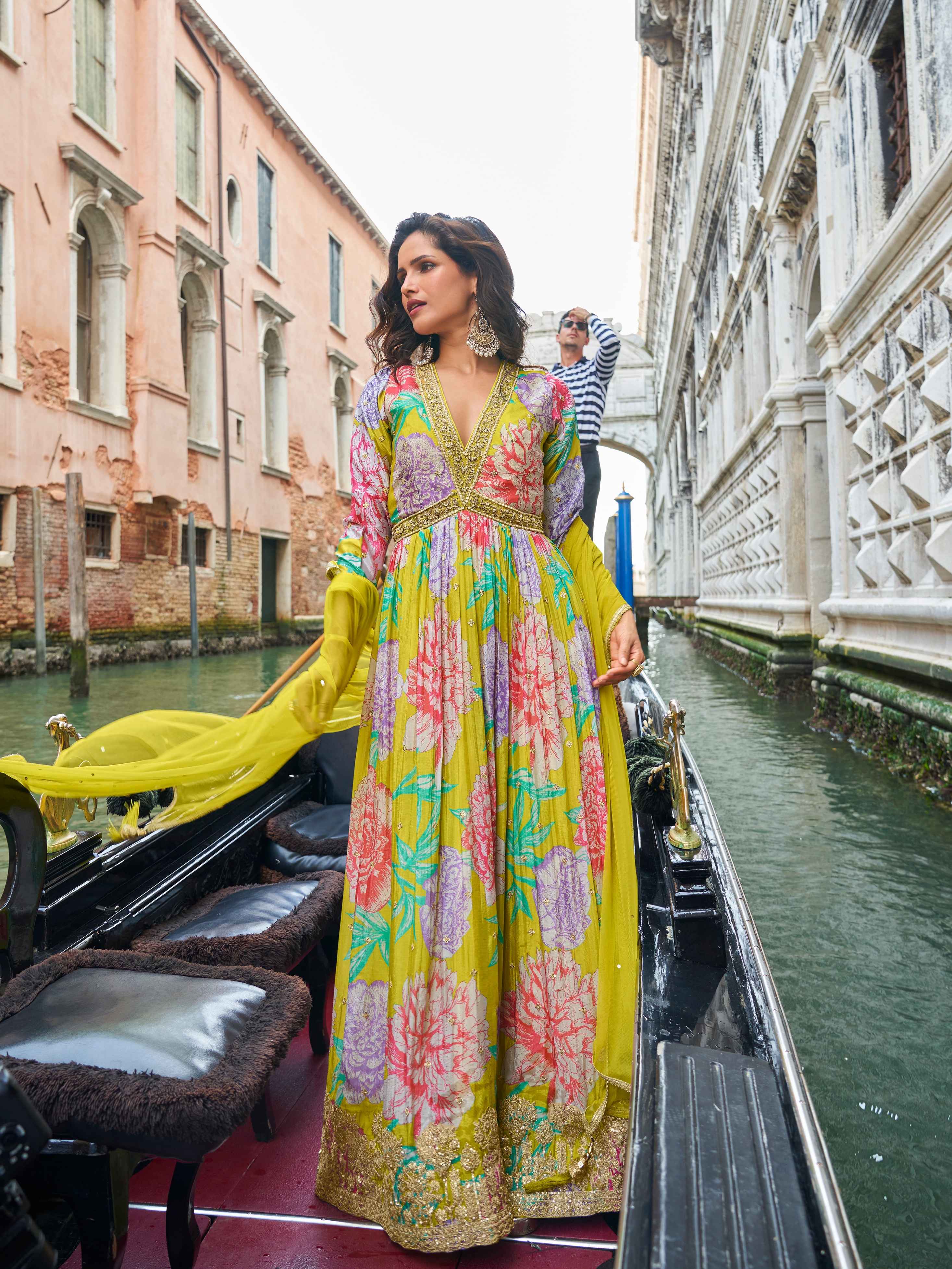 Lime Yellow Floral Embroidered Chinon Silk Anarkali Gown