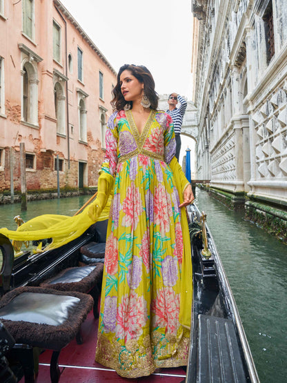 Lime Yellow Floral Embroidered Chinon Silk Anarkali Gown