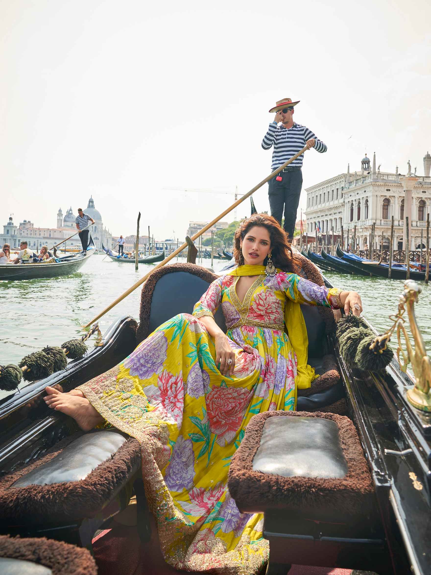 Lime Yellow Floral Embroidered Chinon Silk Anarkali Gown