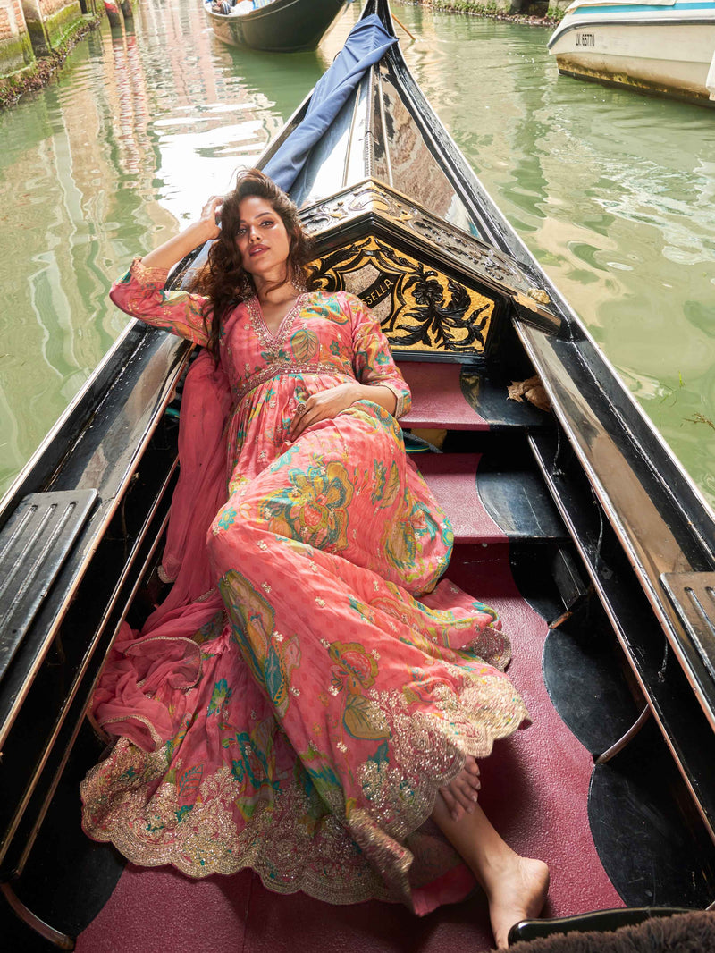 Peach-Pink Floral Chinon Silk Anarkali Gown with Dupatta