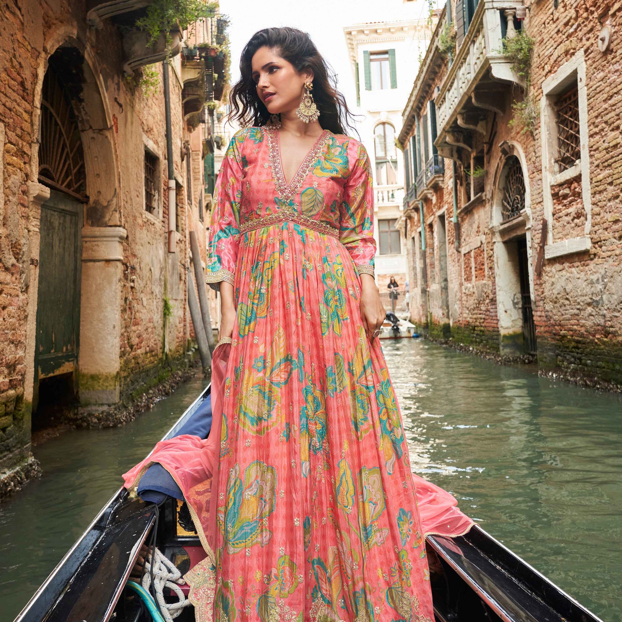 Peach-Pink Floral Chinon Silk Anarkali Gown with Dupatta