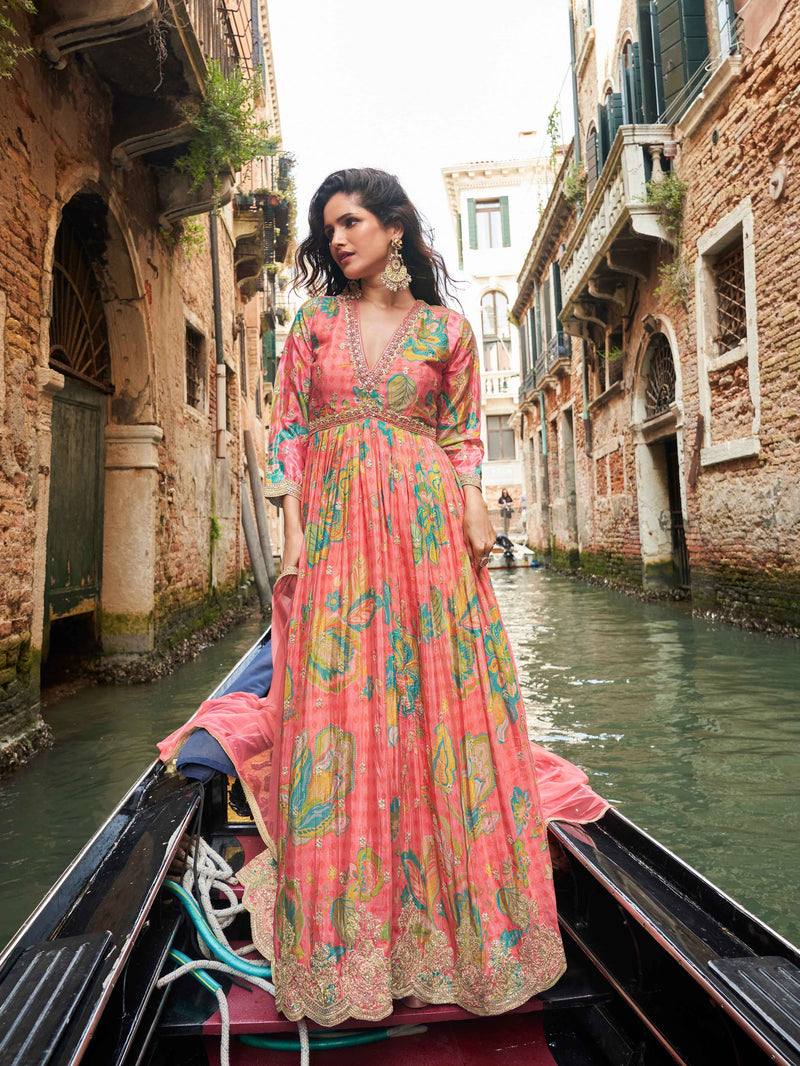 Peach-Pink Floral Chinon Silk Anarkali Gown with Dupatta