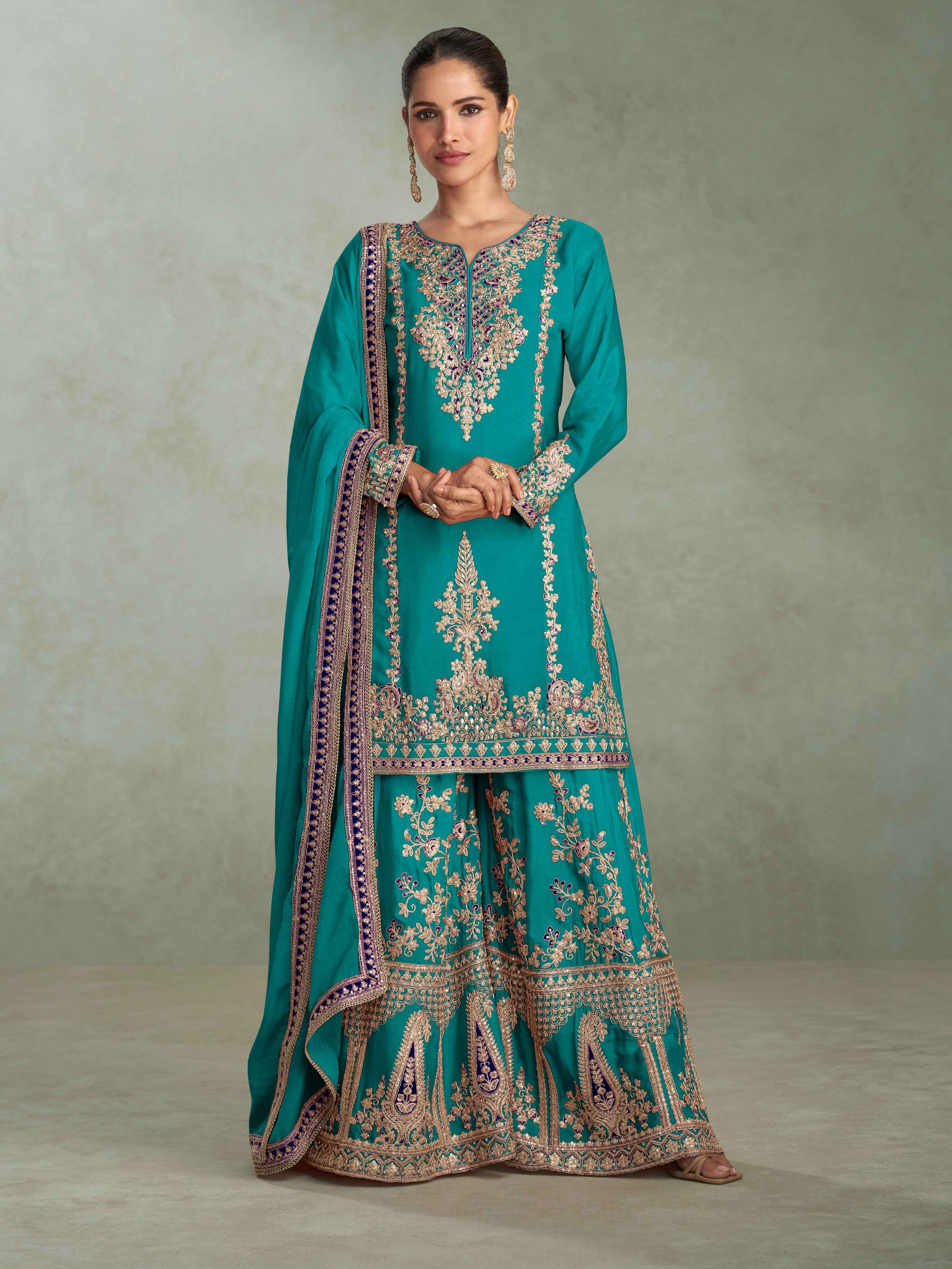 Teal Green Real Chinon Embroidered Palazzo Suit