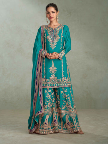 Teal Green Real Chinon Embroidered Palazzo Suit