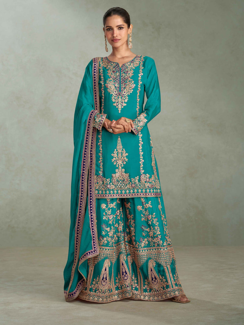 Teal Green Real Chinon Embroidered Palazzo Suit