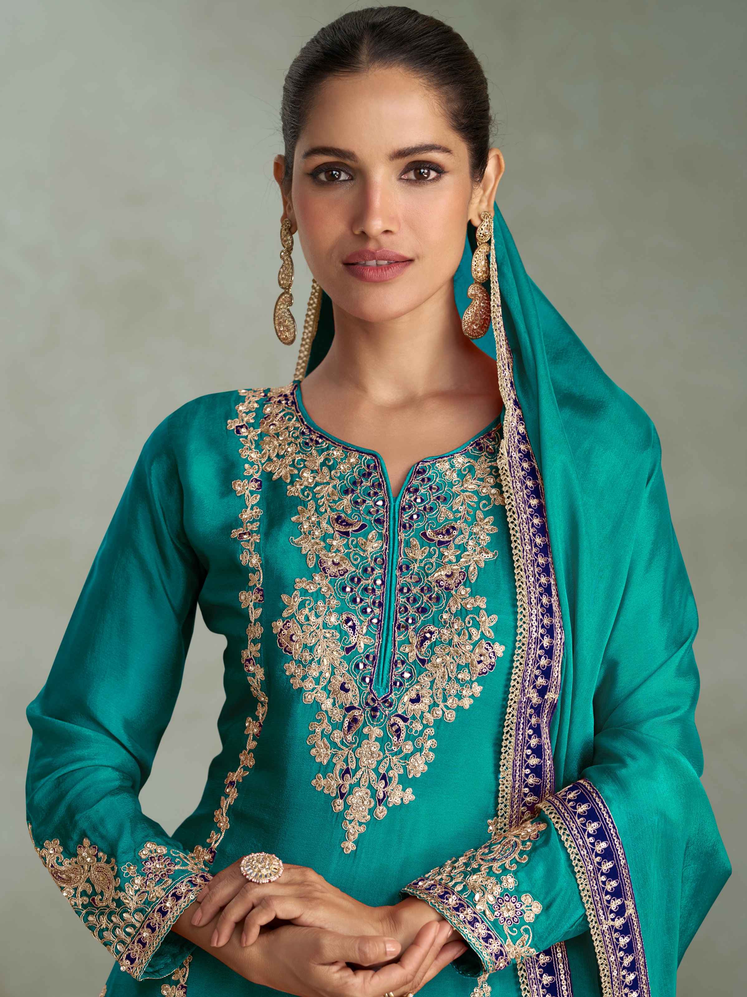 Teal Green Real Chinon Embroidered Palazzo Suit
